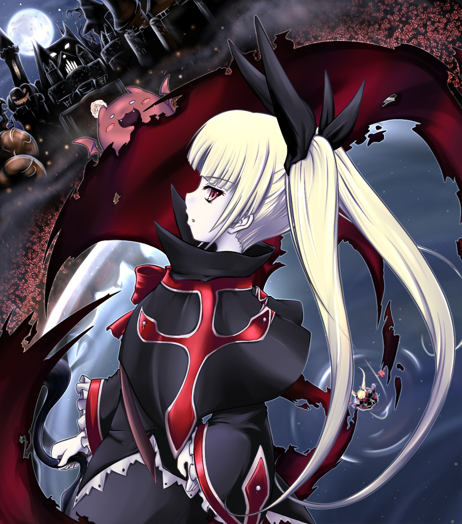 yui (imprinting), gii, rachel alucard, arc system works, blazblue, 1girl, blonde hair, castle, female focus, hair ribbon, long hair, red eyes, ribbon, solo, twintails