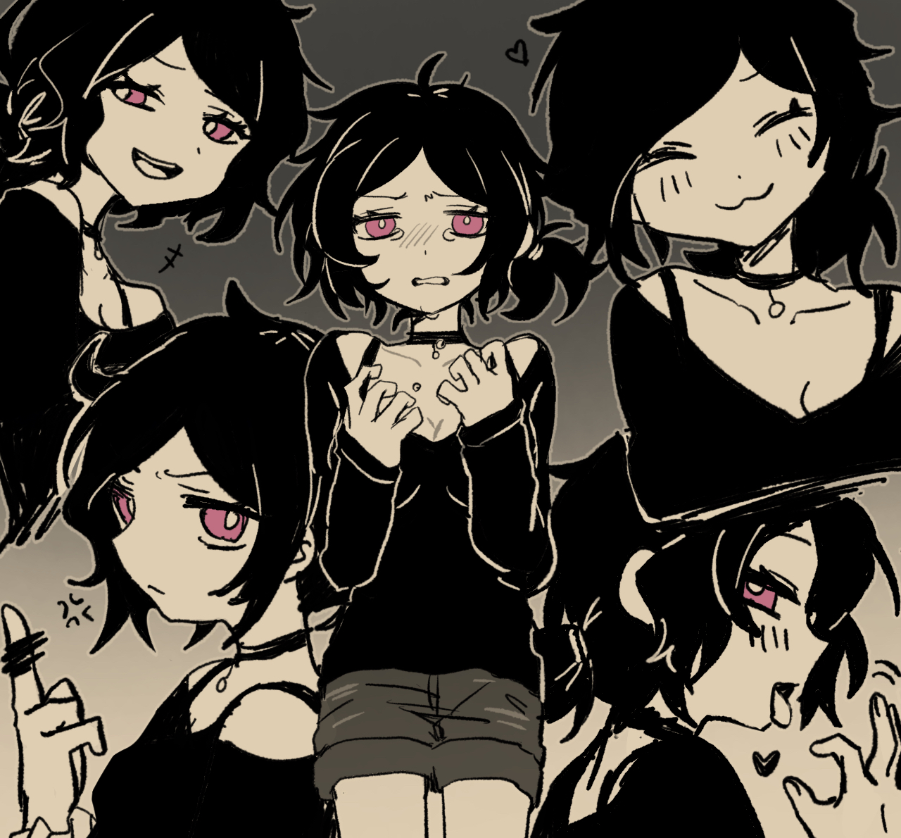 migimiya yoru, ashley graves, the coffin of andy and leyley, commentary, english commentary, mixed-language commentary, +++, 1girl, :3, :d, ^ ^, anger vein, annoyed, bar censor, bare shoulders, breasts, bright pupils, censored, choker, cleavage, closed eyes, closed mouth, collarbone, cowboy shot, cropped torso, denim, denim shorts, facing viewer, fellatio gesture, fingernails, gradient background, grey background, grey outline, greyscale, half-closed eyes, hands up, heart, long sleeves, looking at viewer, low ponytail, middle finger, monochrome, multiple views, open mouth, outline, pink eyes, pointless censoring, ponytail, profile, shirt, short hair, shorts, simple background, smile, spot color, standing, tearing up, teeth, tongue, tongue out, upper teeth only, v-shaped eyebrows