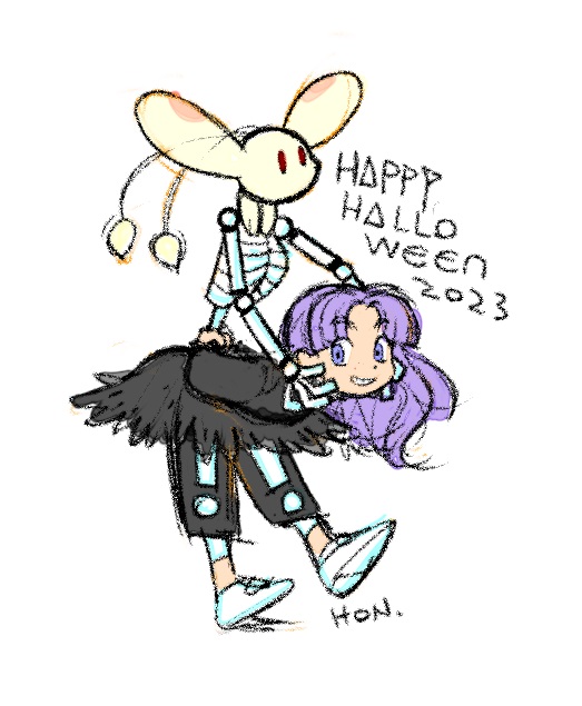 hontani toshiaki, puui (grandia), sue (grandia), grandia, grandia i, 1girl, blue eyes, full body, halloween, halloween costume, happy halloween, long hair, looking at viewer, purple hair, simple background, skeleton, smile, white background