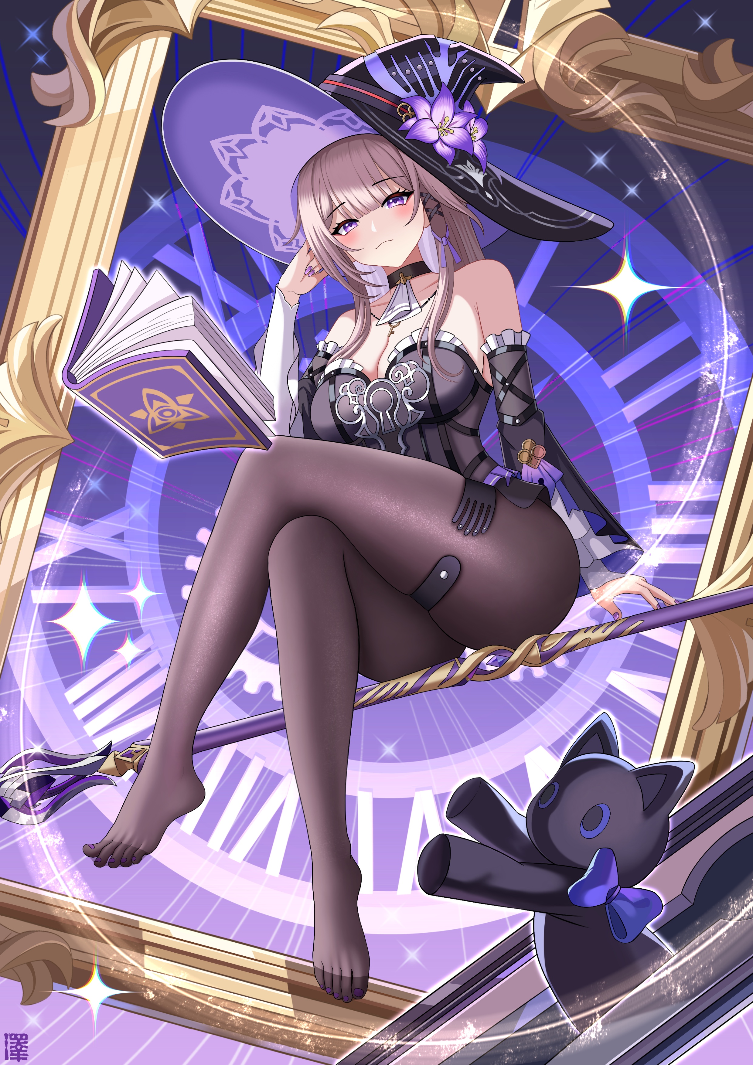 zekong pioneer, herta (honkai: star rail), the herta (honkai: star rail), honkai: star rail, honkai (series), absurdres, commentary request, highres, 1girl, alternate breast size (larger), bare shoulders, black cat, black dress, black pantyhose, book, breasts, brown hair, cat, cleavage, crossed legs, detached sleeves, dress, empty picture frame, hat, large breasts, long hair, pantyhose, picture frame, purple eyes, solo, staff riding, thighs, toes, very long hair, witch hat