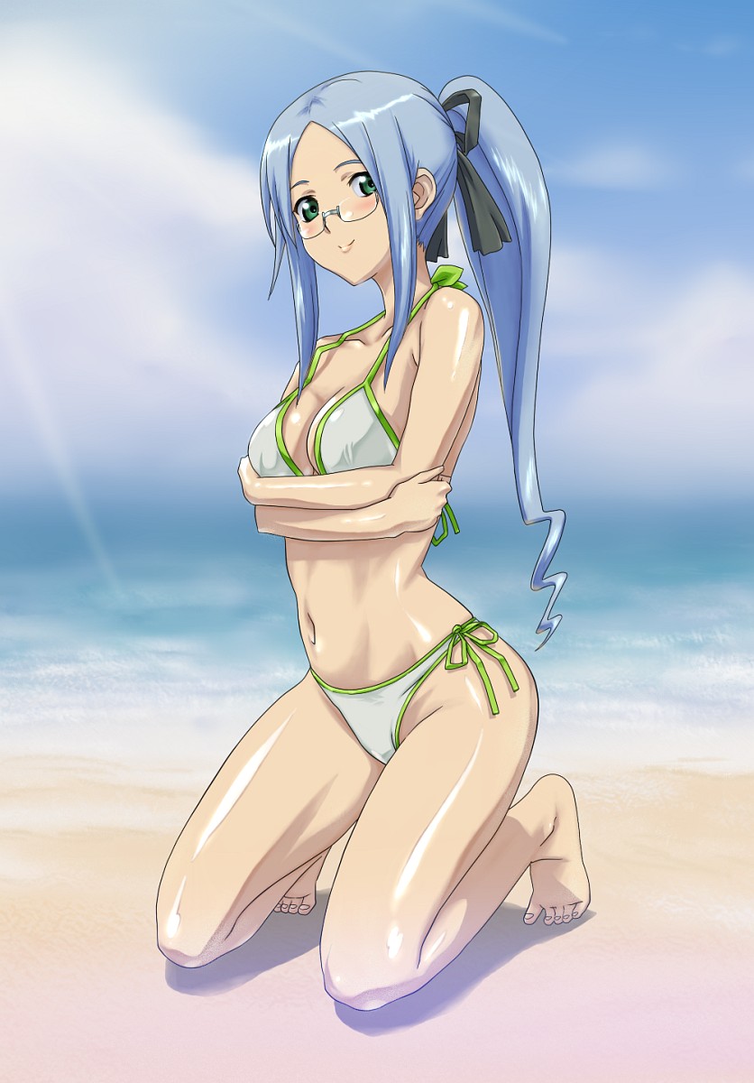 zouni (xavier), monica, monica (ace online), ace online, bad id, bad pixiv id, highres, 1girl, barefoot, beach, bikini, blue hair, day, female focus, glasses, green eyes, kneeling, legs, long hair, outdoors, ponytail, solo, swimsuit
