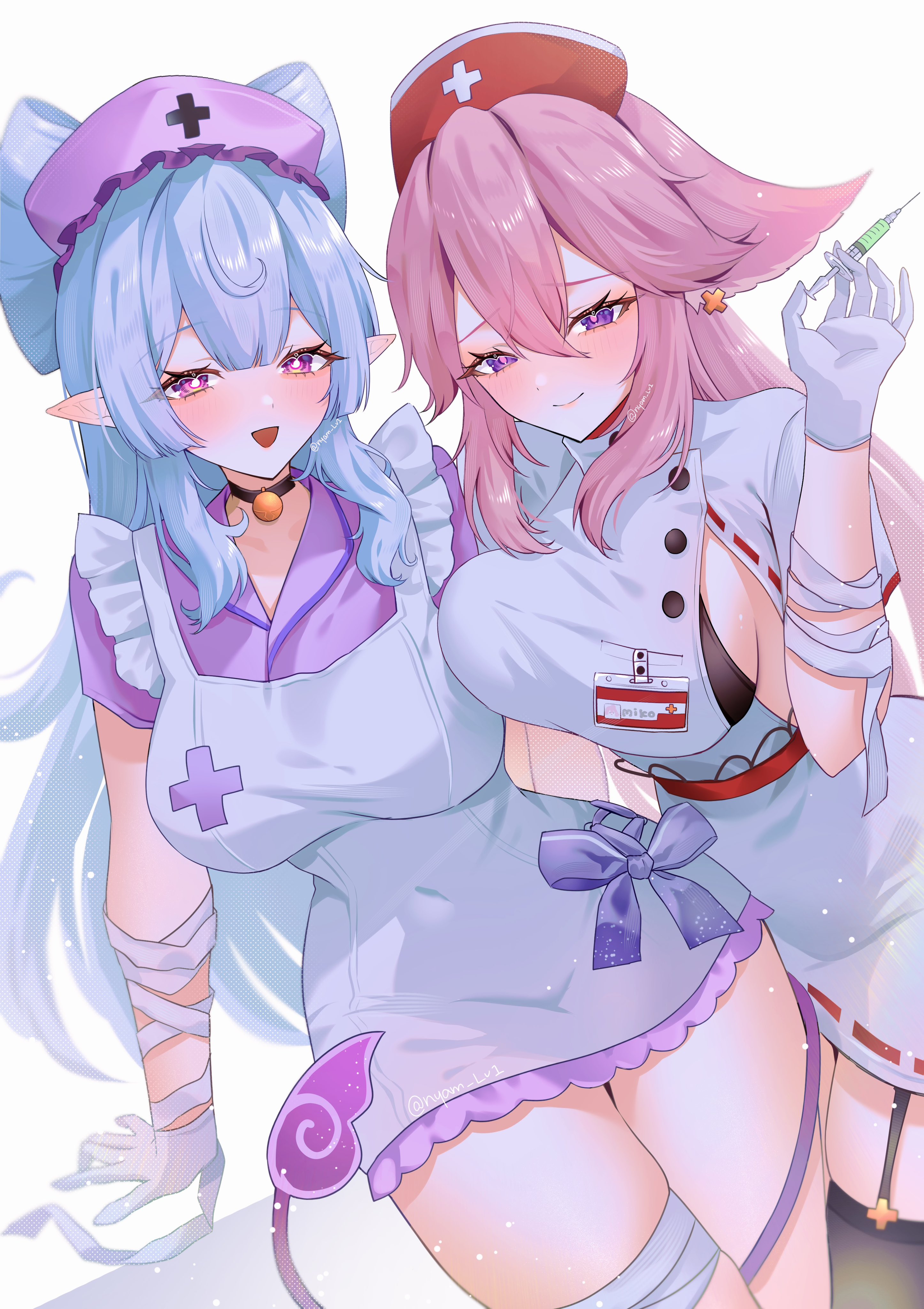 nyamo-lv0, yae miko, yumemizuki mizuki, genshin impact, absurdres, commentary, english commentary, highres, 2girls, alternate costume, animal ears, apron, black choker, black garter straps, black thighhighs, blue hair, blush, breasts, choker, closed mouth, dress, fox ears, garter straps, gloves, hair between eyes, hand up, hat, holding, holding syringe, large breasts, long hair, looking at viewer, multiple girls, nihongami, nurse cap, open mouth, pink hair, pointy ears, purple eyes, sideboob, simple background, smile, symbol-shaped pupils, syringe, tail, tapir tail, thighhighs, very long hair, white apron, white background, white dress, white gloves