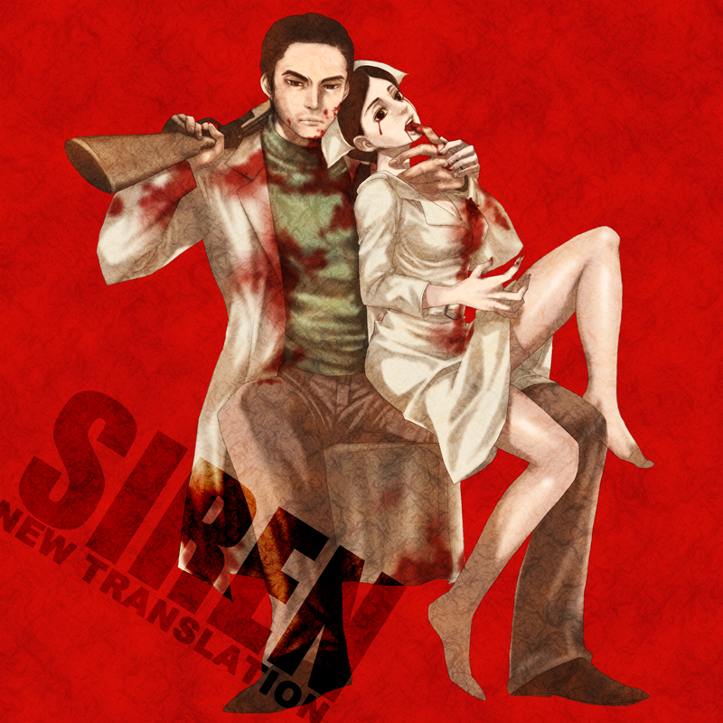 coco-nattou, coco (nattou), saiga seigo, yukie kobe, siren (series), siren new translation, bad id, bad pixiv id, 1boy, 1girl, black hair, blood, blood stain, boots, doctor, gun, lab coat, licking, nurse, pantyhose, rifle, sitting, sitting on lap, sitting on person, stain, turtleneck, weapon