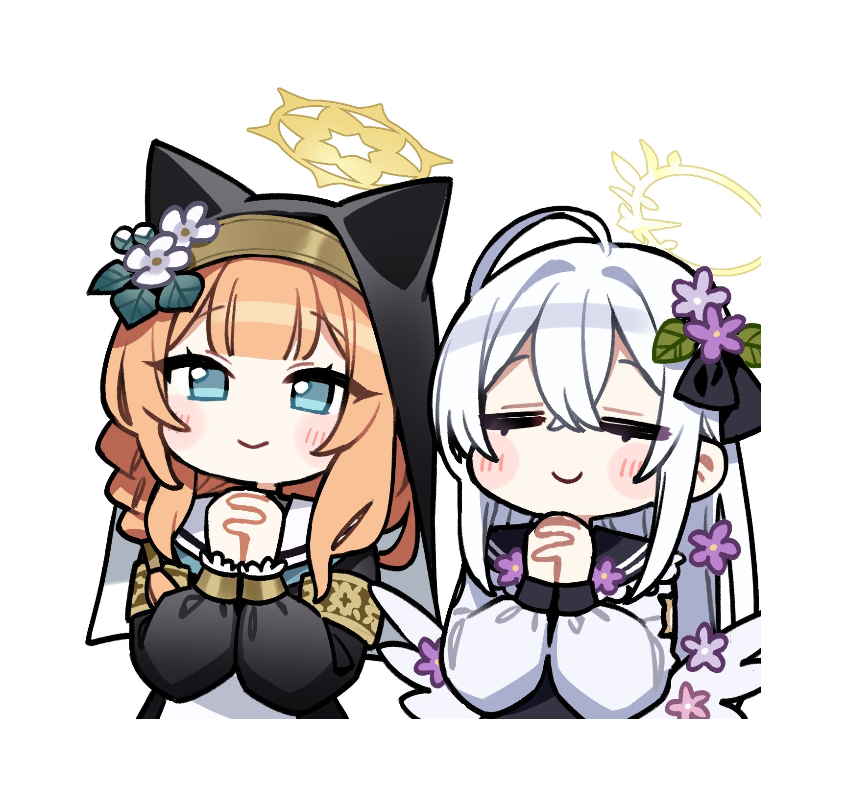 kurihara sakura, azusa (blue archive), mari (blue archive), blue archive, highres, 2girls, ahoge, animal ears, blonde hair, blue eyes, blush, chibi, halo, long hair, multiple girls, nun, simple background, white background, white hair, yellow halo