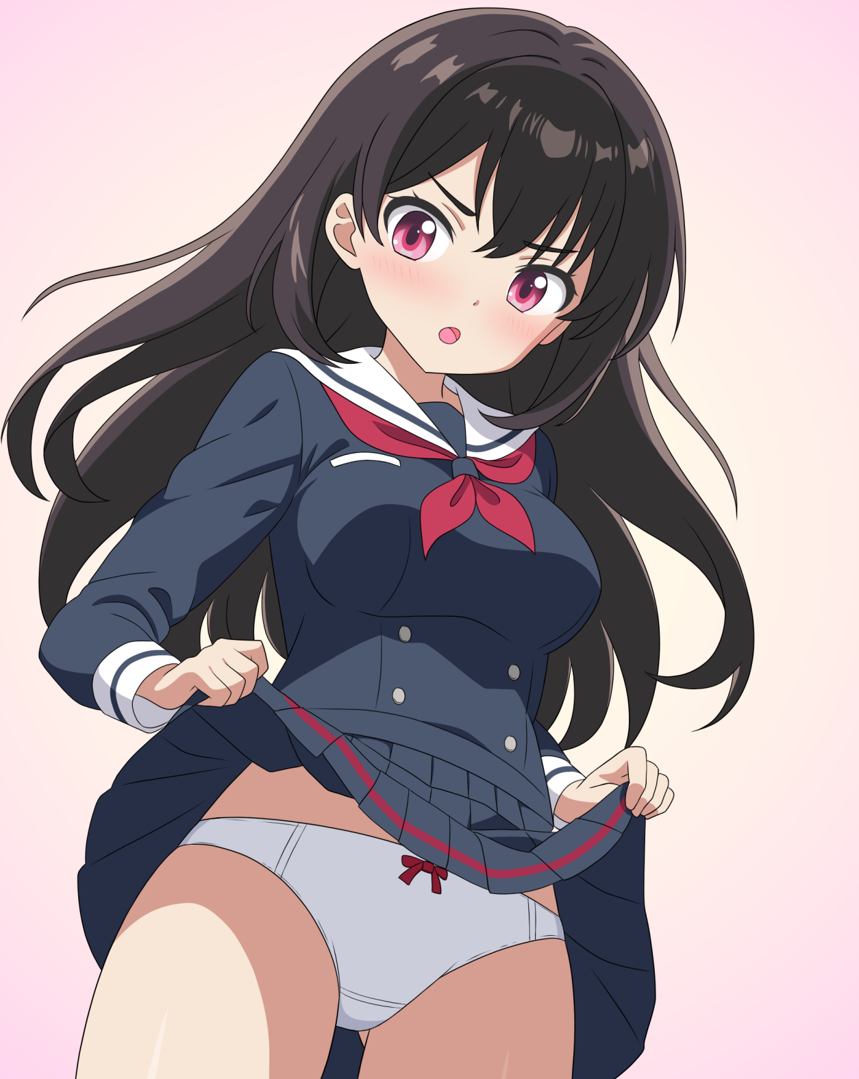 take zenni chikuzenni, original, commentary request, highres, 1girl, :o, black hair, blue serafuku, blue shirt, blue skirt, bow, bow panties, breasts, choppy bangs, clothes lift, cowboy shot, crotch seam, from below, large breasts, lifting own clothes, light blush, long hair, long sleeves, looking at viewer, looking down, neckerchief, open mouth, panties, pink background, pink eyes, pleated skirt, red neckerchief, sailor collar, school uniform, serafuku, shirt, simple background, skirt, skirt lift, solo, standing, underwear, v-shaped eyebrows, white panties, white sailor collar