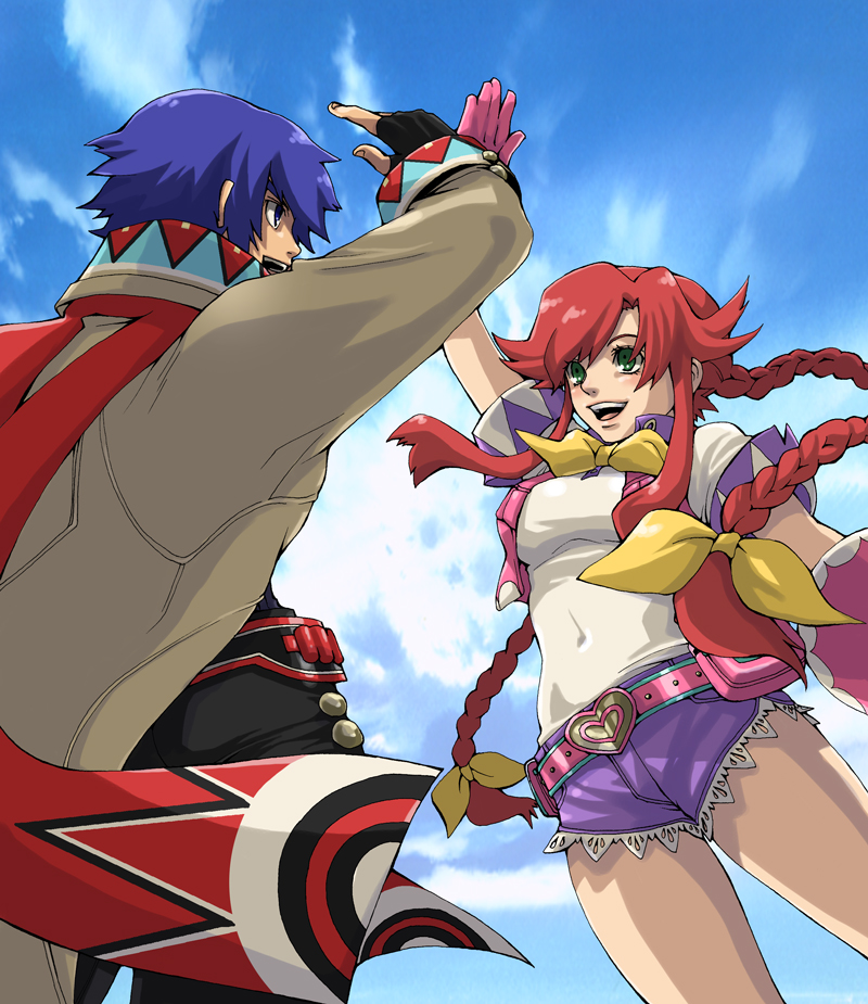coco-nattou, coco (nattou), dean stark, rebecca streisand, wild arms, wild arms 5, bad id, bad pixiv id, 1boy, 1girl, belt, blue background, blue hair, blue shorts, braid, cloud, coat, day, denim, denim shorts, gloves, green eyes, hair ribbon, high five, pink gloves, red hair, ribbon, scarf, shorts, sky, smile, taut clothes, trench coat, twin braids, vest