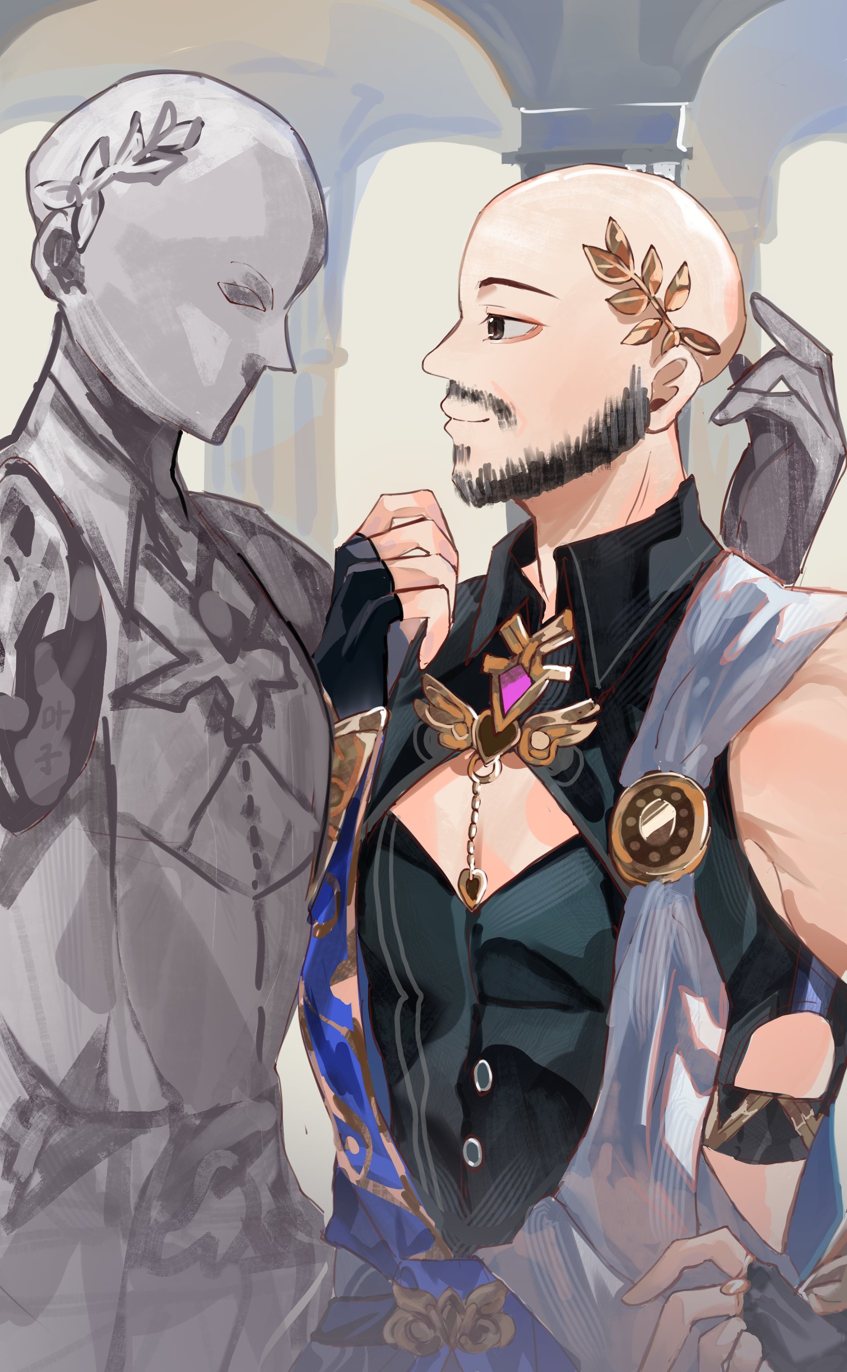 kanako (fuwachu), dr. ratio (honkai: star rail), honkai: star rail, honkai (series), absurdres, highres, 1boy, bald, bare shoulders, black eyes, black gloves, black shirt, buttons, center opening, collared shirt, cosplay, dr. ratio (honkai: star rail) (cosplay), facial hair, fingerless gloves, gloves, greco-roman clothes, hand on own hip, jordan paul haro, laurel crown, looking at another, male focus, muscular, muscular male, shirt, smile, statue, toga, voice actor connection