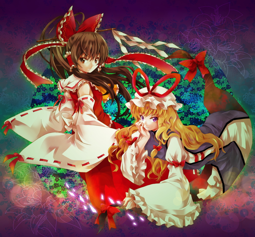 michii yuuki, hakurei reimu, yakumo yukari, touhou, bad id, bad pixiv id, 2girls, detached sleeves, female focus, hat, japanese clothes, miko, multiple girls, ribbon, tsurime