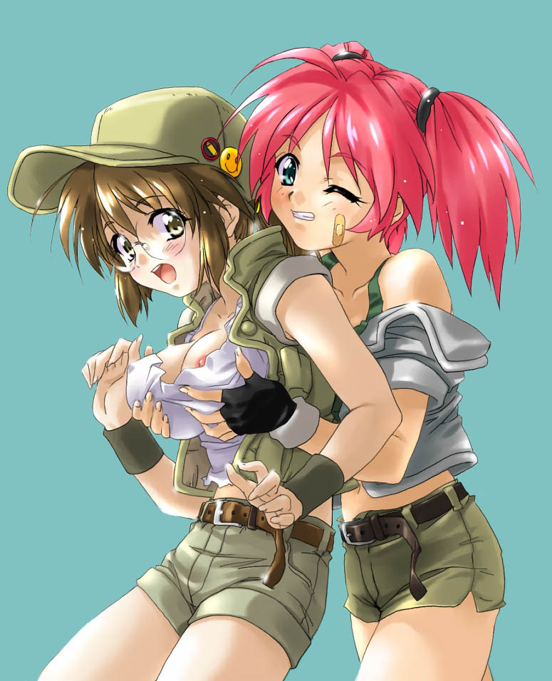 fio germi, nadia cassel, metal slug, snk, artist request, 2girls, bandaid, belt, blush, breasts, brown hair, covered erect nipples, from behind, glasses, grabbing another's breast, green eyes, groping, hat, large breasts, midriff, molestation, multiple girls, nipple slip, nipples, one eye closed, open mouth, pink hair, short shorts, short twintails, shorts, simple background, smiley face, twintails, vest, wink, yuri