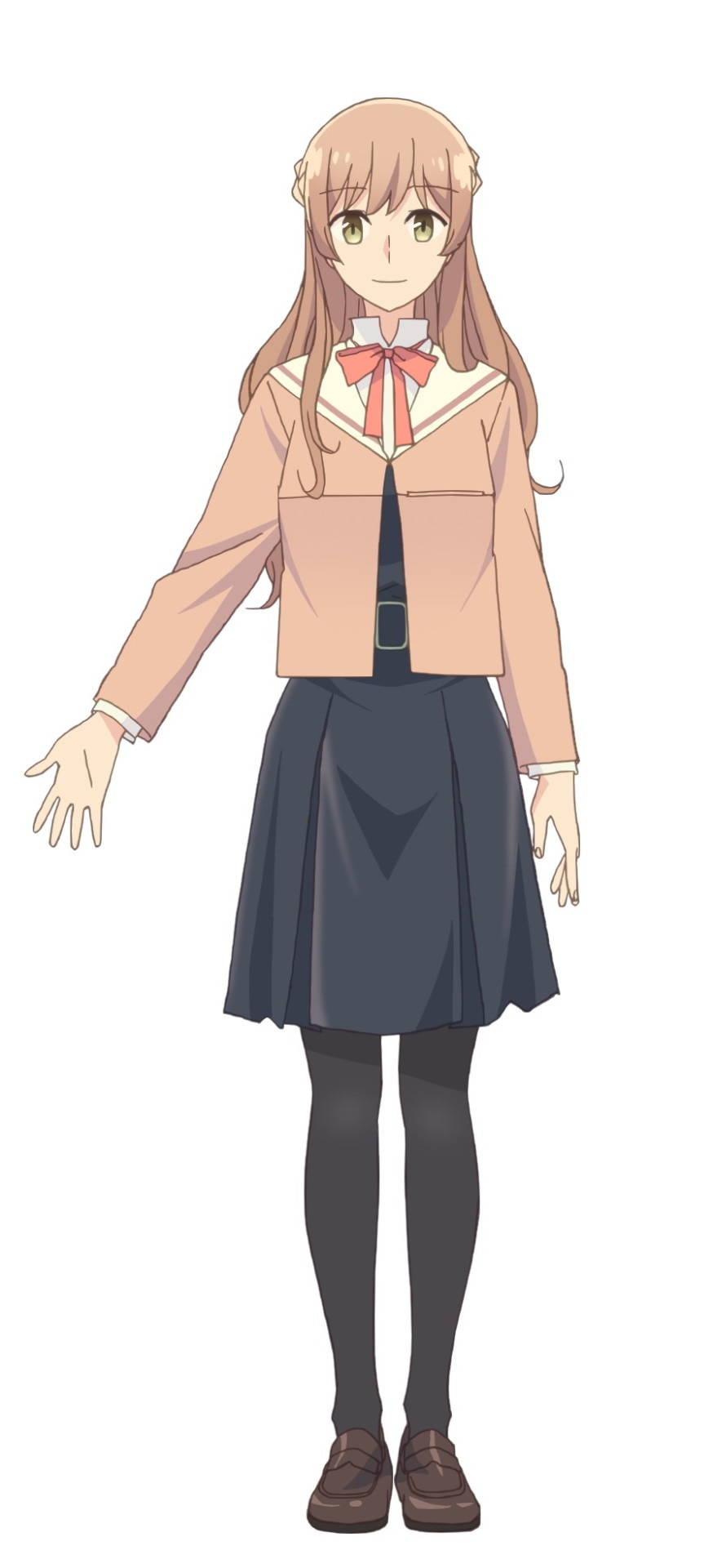 saeki sayaka, yagate kimi ni naru, highres, official art, second-party source, 1girl, black pantyhose, brown hair, brown shirt, brown shoes, closed mouth, collared shirt, full body, loafers, long hair, long sleeves, looking at viewer, neck ribbon, orange ribbon, pantyhose, ribbon, school uniform, shirt, shoes, simple background, smile, solo, standing, tachi-e, tohmi higashi high school uniform, white background