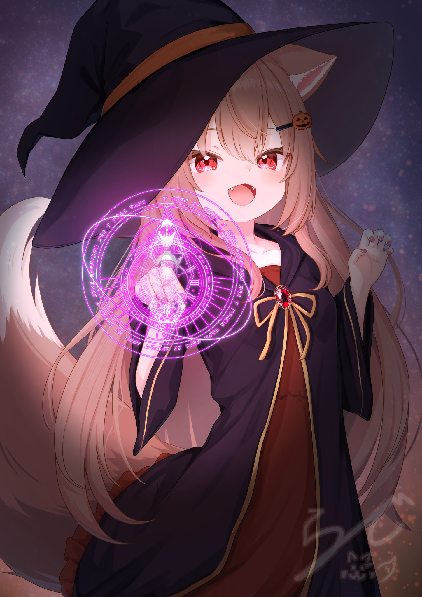 rade (rade 552), original, highres, 1girl, :d, animal ear fluff, animal ears, black hat, black robe, brown hair, casting spell, dress, fangs, food-themed hair ornament, hair ornament, hat, long hair, looking at viewer, magic, magic circle, open mouth, pumpkin hair ornament, red dress, red eyes, robe, signature, smile, solo, tail, very long hair, witch hat, wolf ears, wolf girl, wolf tail