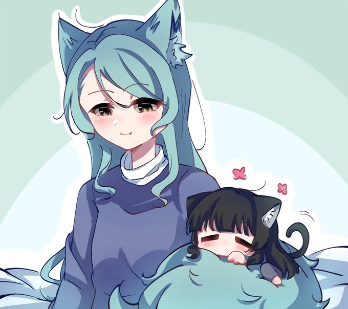 zevi (zevi ii), hikawa sayo, shirokane rinko, bang dream!, non-web source, 2girls, animal ears, aqua hair, black hair, blue skirt, breasts, cat ears, cat girl, cat tail, chibi, closed eyes, closed mouth, collar, flower, fox ears, fox girl, fox tail, green eyes, long hair, multiple girls, skirt, sleeping, sleeping on another's tail, smile, tail, very long hair, white collar