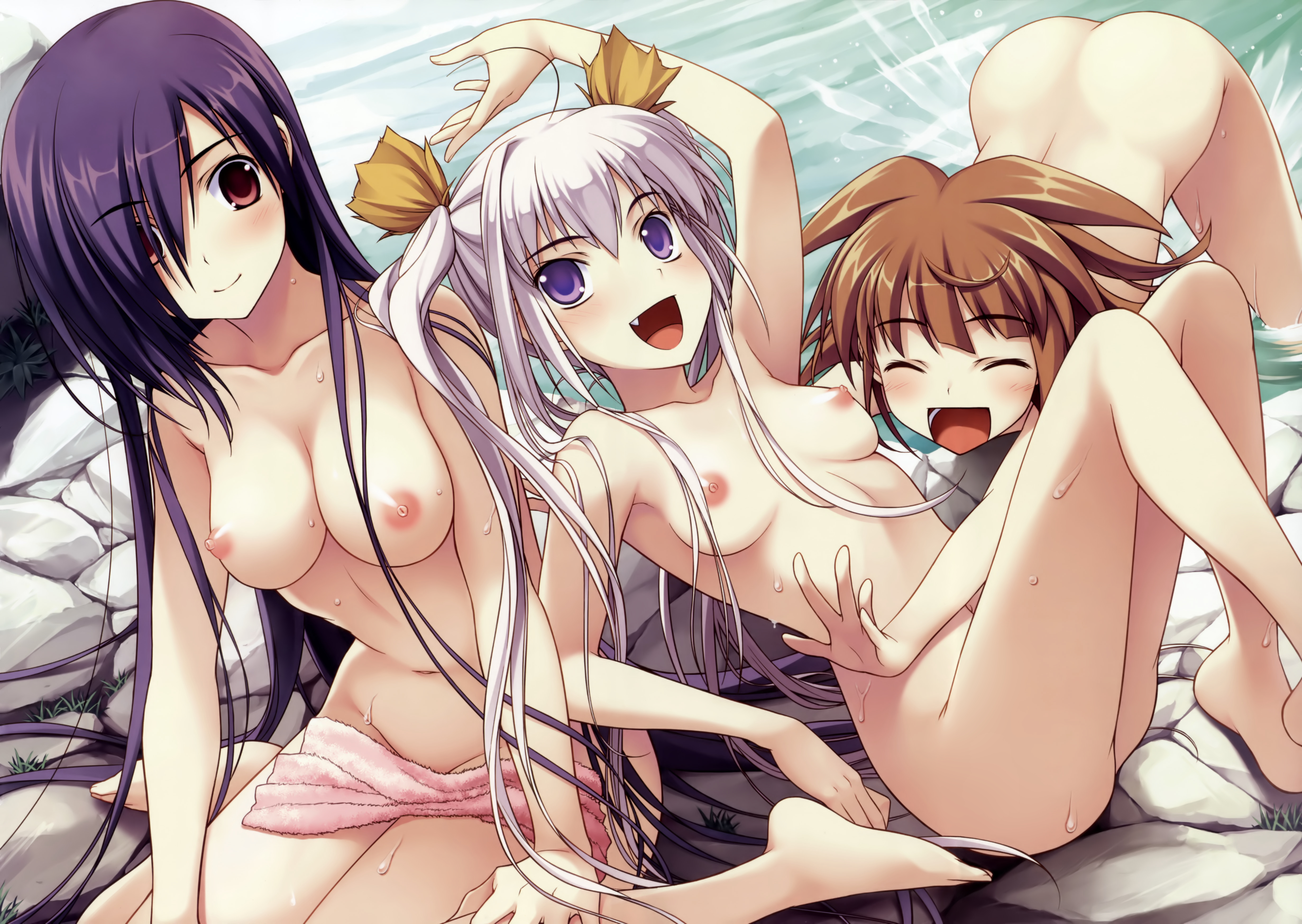 amakura, chizumi (toppara), mikage (toppara), sachiko (toppara), toppara, absurdres, highres, huge filesize, 3girls, :d, ^ ^, bare legs, barefoot, breasts, closed eyes, fang, hair over one eye, large breasts, medium breasts, multiple girls, navel, nipples, nude, open mouth, purple eyes, smile, towel, twintails, wet