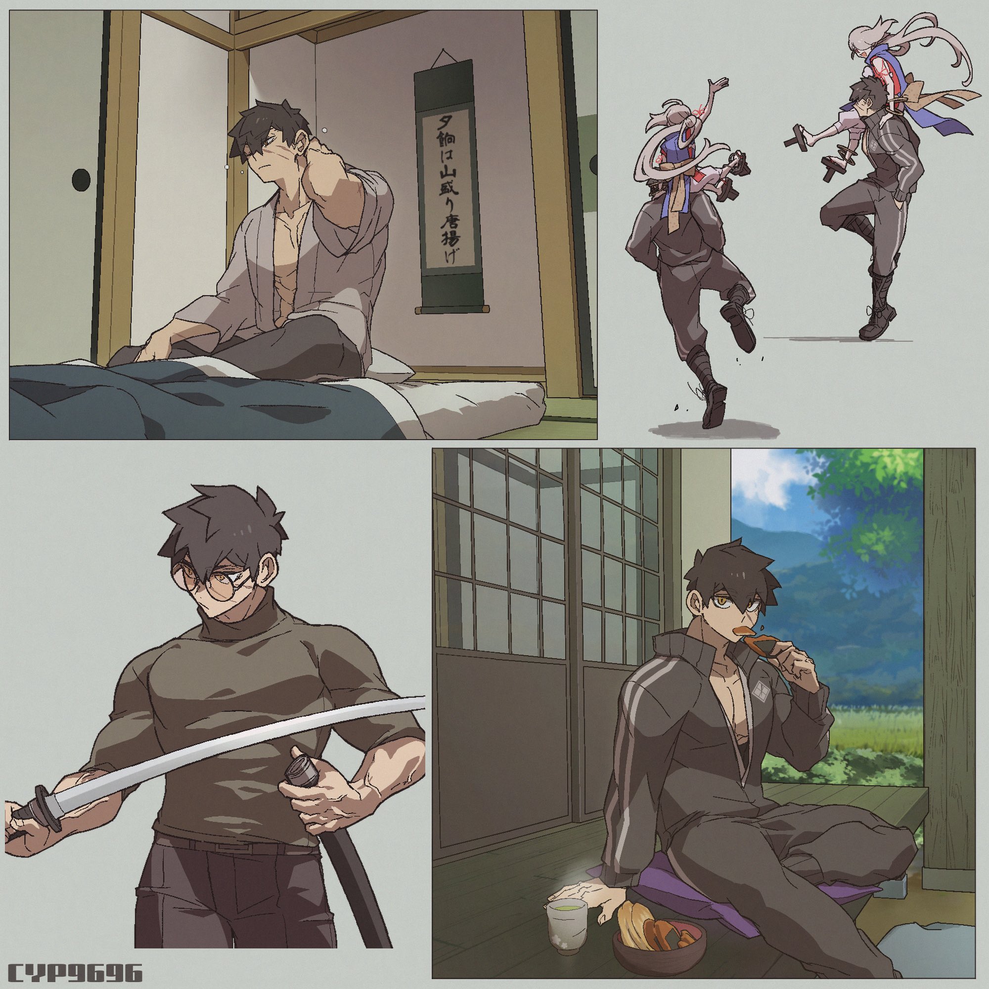 cyp1a2, doudanuki masakuni, ima-no-tsurugi, touken ranbu, commentary, highres, symbol-only commentary, translation request, 1boy, 2boys, carrying, cup, eating, futon, geta, grey hair, grey jacket, grey pants, grey shirt, holding, holding sword, holding weapon, jacket, multiple boys, multiple views, pants, piggyback, round eyewear, scar, scar on face, shirt, short hair, sitting, squeans, sword, waking up, weapon, yunomi