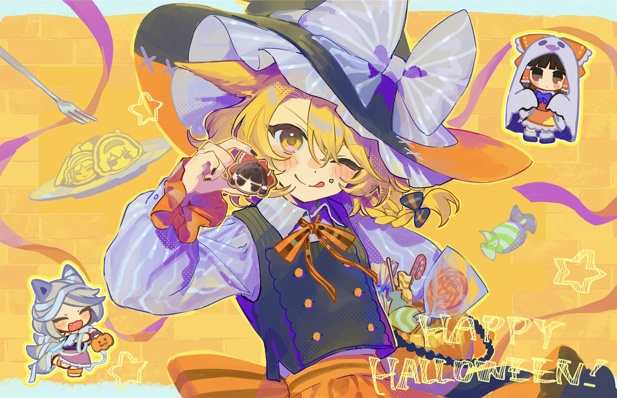 jill 07km, hakurei reimu, kirisame marisa, mitsugashira enoko, touhou, highres, 3girls, black hat, blonde hair, blue ribbon, blue shirt, blush, candy, chibi, closed mouth, food, fork, halloween, hat, long hair, long sleeves, multiple girls, one eye closed, orange ribbon, ribbon, shirt, smile, star (symbol), witch, yellow background, yellow eyes