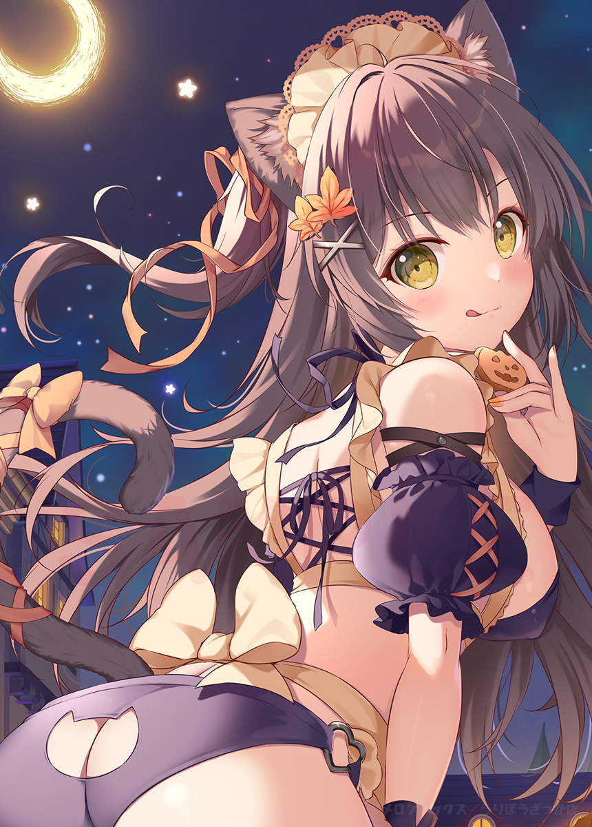 mikeou, original, commentary, english commentary, highres, 1girl, :q, animal ear fluff, animal ears, ass, bikini, black bikini, blush, brown hair, cat cutout, cat ears, cat girl, cat tail, closed mouth, clothing cutout, cowboy shot, detached sleeves, from behind, hair ornament, halloween, long hair, looking at viewer, night, night sky, outdoors, purple sleeves, short sleeves, sky, solo, swimsuit, tail, tongue, tongue out, x hair ornament, yellow eyes