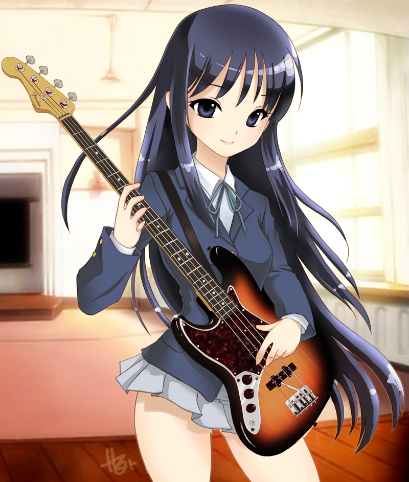 herua, akiyama mio, k-on!, bad id, bad pixiv id, 00s, 1girl, bass guitar, black hair, blue eyes, female focus, guitar, indoors, instrument, long hair, school uniform, solo