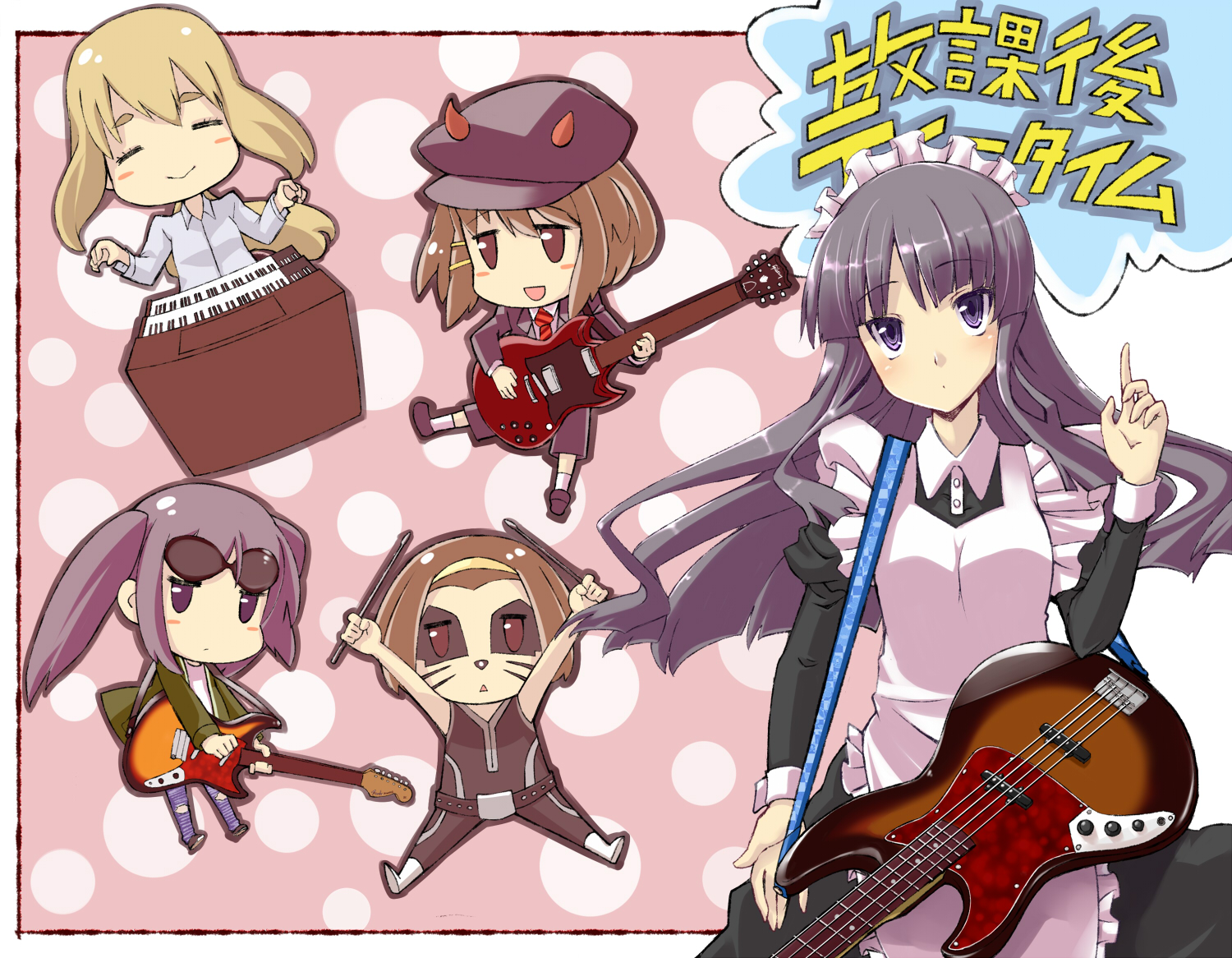 numako, akiyama mio, angus young, hirasawa yui, kotobuki tsumugi, kurt cobain, nakano azusa, peter criss, tainaka ritsu, acdc, gibson sg, k-on!, kiss (rock band), nirvana (band), bad id, bad pixiv id, 00s, 5girls, alternate costume, bass guitar, black hair, cabbie hat, chibi, cosplay, drumsticks, electric guitar, enmaided, facepaint, guitar, hat, horns, instrument, long hair, maid, multiple girls, mustang (guitar), organ (instrument), peter criss (cosplay), polka dot, sunglasses