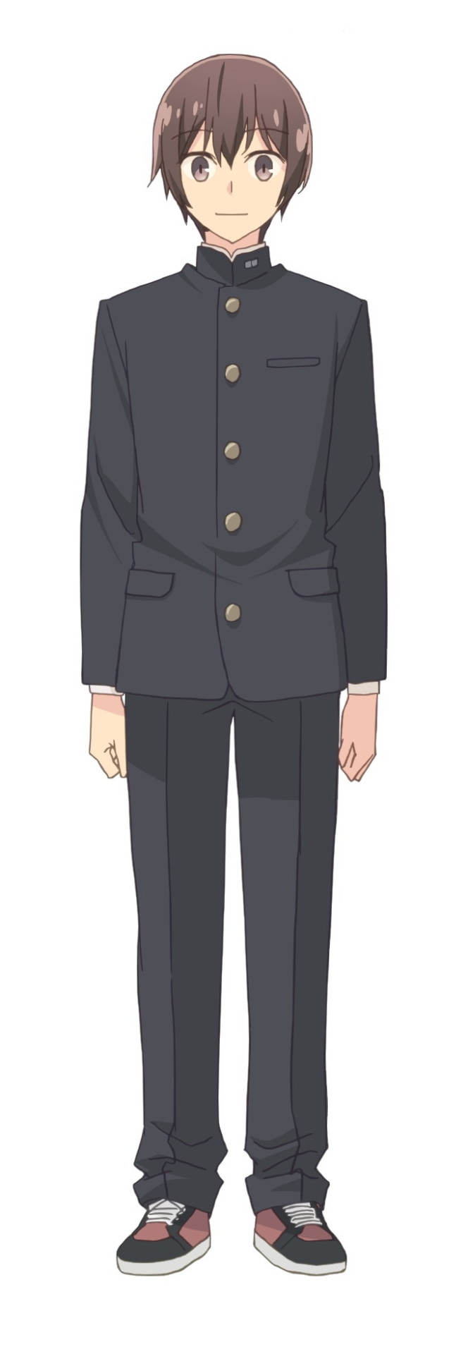 maki seiji, yagate kimi ni naru, highres, official art, second-party source, 1boy, arms at sides, black jacket, black pants, black shoes, brown eyes, brown hair, closed mouth, full body, gakuran, jacket, long sleeves, looking at viewer, male focus, pants, school uniform, shoes, short hair, simple background, smile, sneakers, solo, standing, tachi-e, white background