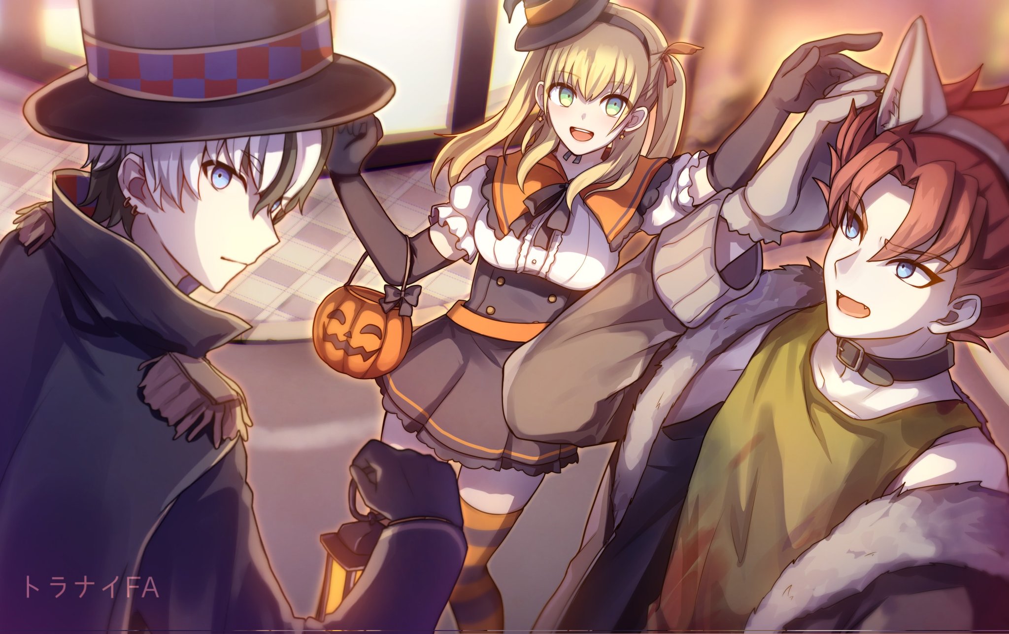 cali (cali me202), iroha tsuki, kuronaka yo, yakumo sui, tribe nine, highres, 1girl, 2boys, :d, black hair, black hat, black skirt, blonde hair, blue eyes, fangs, green eyes, halloween, halloween bucket, halloween costume, hat, holding, holding lantern, jack-o'-lantern, lantern, looking at another, looking at viewer, medium hair, mini hat, multicolored hair, multiple boys, open mouth, red hair, short hair, skirt, smile, teeth, top hat, two-tone hair, two side up, upper teeth only, werewolf costume, white hair, witch hat