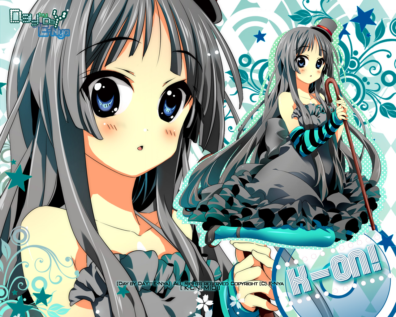 e-nya, akiyama mio, don't say "lazy", k-on!, bad id, bad pixiv id, 00s, 1girl, aqua pantyhose, black hair, blue eyes, blue pantyhose, cane, dress, female focus, fingerless gloves, gloves, hat, kneeling, long hair, mini hat, mini top hat, pantyhose, solo, top hat, zoom layer