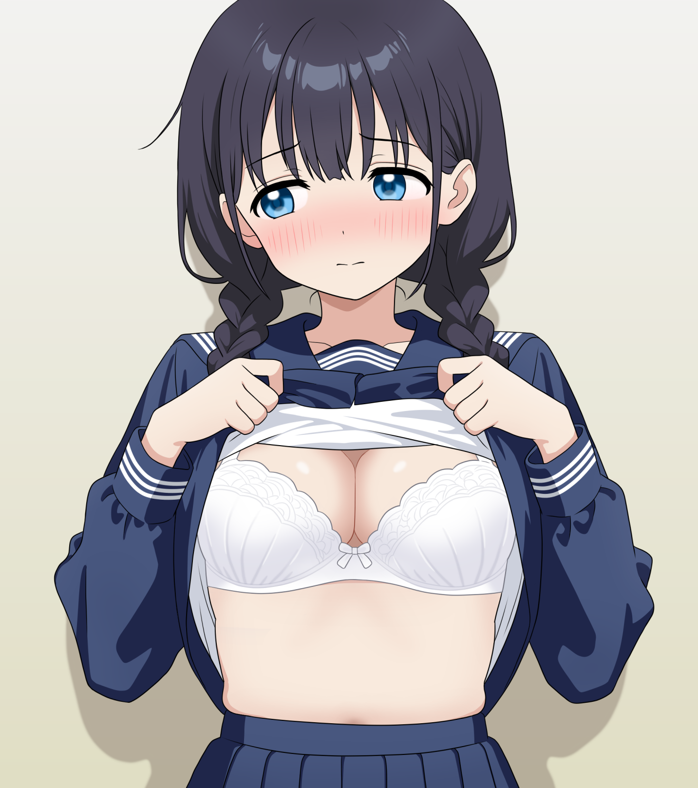 take zenni chikuzenni, original, braided twintails, commentary request, highres, 1girl, averting eyes, black hair, blue eyes, blue sailor collar, blue serafuku, blue shirt, blue skirt, bow, bow bra, bra, braid, breasts, brown background, choppy bangs, closed mouth, clothes lift, dot nose, gradient background, hair over shoulder, large breasts, lifting own clothes, light blush, long hair, long sleeves, pleated skirt, sailor collar, school uniform, serafuku, shadow, shirt, shirt lift, skirt, solo, split mouth, straight-on, underwear, upper body, white bra