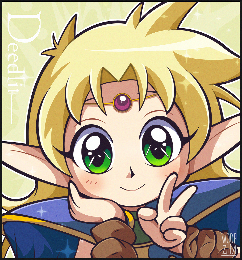 woofzilla, deedlit, record of lodoss war, blonde hair, blush, character name, circlet, closed mouth, elf, eyelashes, green eyes, long hair, looking at viewer, pointy ears, signature, smile, sparkle, upper body, v, very long hair