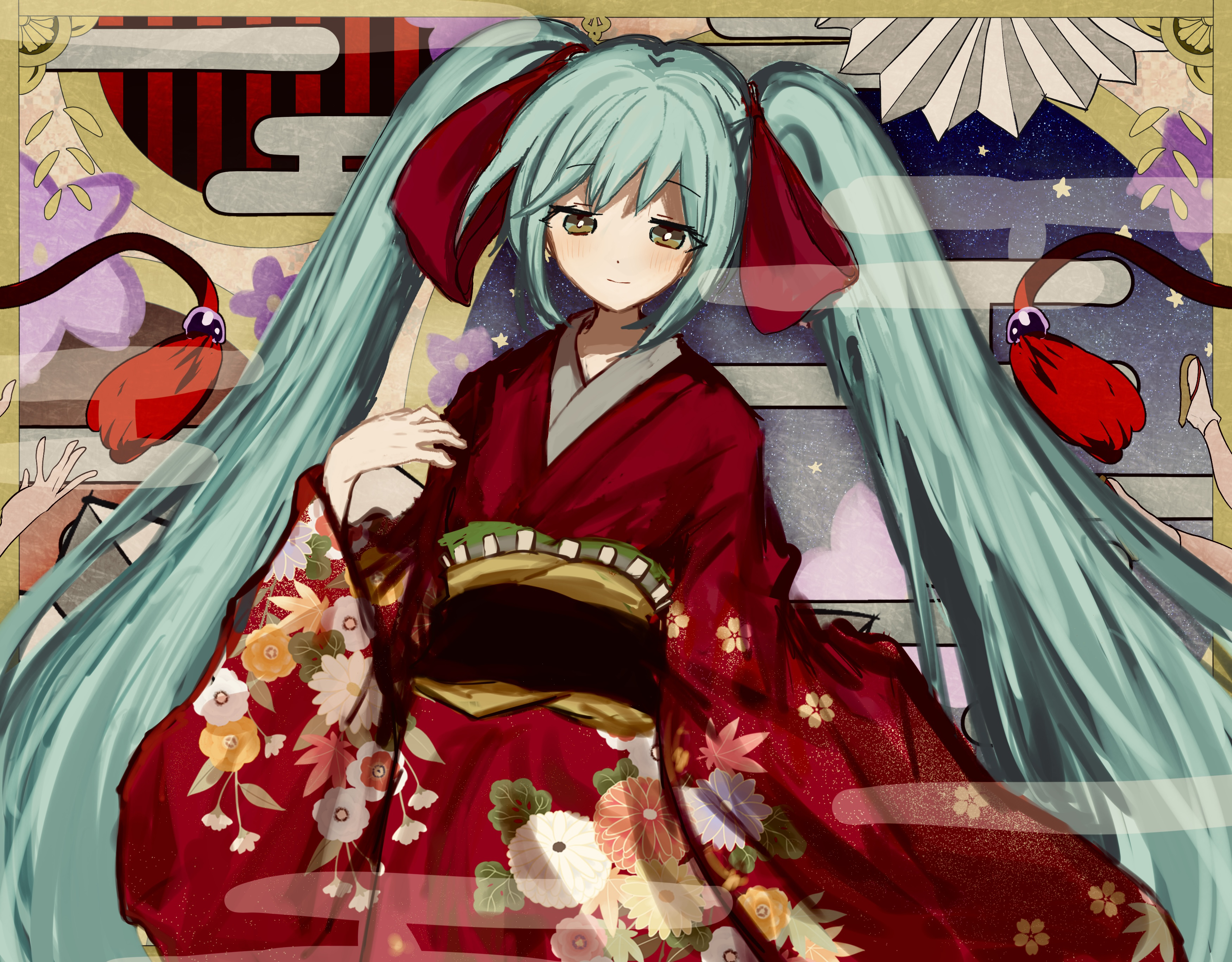 migimiya yoru, hatsune miku, vocaloid, absurdres, commentary request, highres, 1girl, aqua hair, border, bow, bright pupils, brown eyes, closed mouth, cowboy shot, flat chest, floral print, floral print kimono, hair bow, hand up, japanese clothes, kimono, long hair, long sleeves, looking at viewer, outside border, print kimono, red bow, red kimono, simple background, smile, solo, standing, star (symbol), twintails, very long hair, white pupils, wide sleeves, yellow border