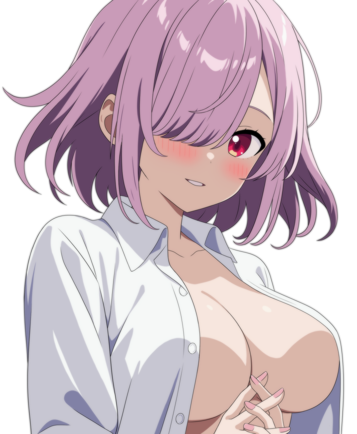 take zenni chikuzenni, original, commentary request, highres, 1girl, blush, breasts, collarbone, collared shirt, fingernails, hair over one eye, interlocked fingers, large breasts, long bangs, looking at viewer, nail polish, no bra, one eye covered, open clothes, open shirt, own hands together, parted bangs, parted lips, pink nails, purple hair, red eyes, shirt, short hair, simple background, smile, solo, unbuttoned, upper body, white background, white shirt, wing collar
