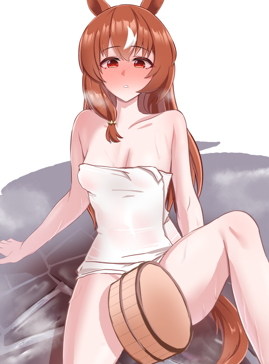 4 ori, still in love (umamusume), umamusume, commentary request, highres, 1girl, alternate costume, animal ears, blush, breasts, brown hair, bucket, cleavage, closed mouth, collarbone, convenient censoring, heavy breathing, horse ears, horse girl, long hair, red eyes, simple background, small breasts, solo, towel, water, wet, white background