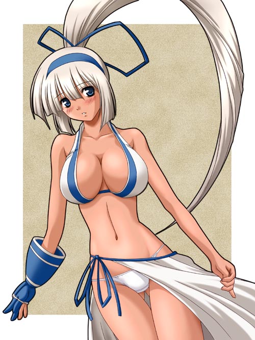 abu, majikina mina, samurai spirits, snk, duplicate, 1girl, blue eyes, blush, breasts, cleavage, dutch angle, female focus, gloves, hair ribbon, hairband, halterneck, large breasts, long hair, navel, panties, ponytail, ribbon, skirt, solo, thigh gap, thighs, underwear, very long hair, white hair, white panties