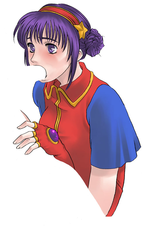 asamiya athena, snk, the king of fighters, 1girl, deepthroat, fellatio, hair bun, hairband, invisible penis, open mouth, oral, purple eyes, purple hair, short hair, star (symbol)