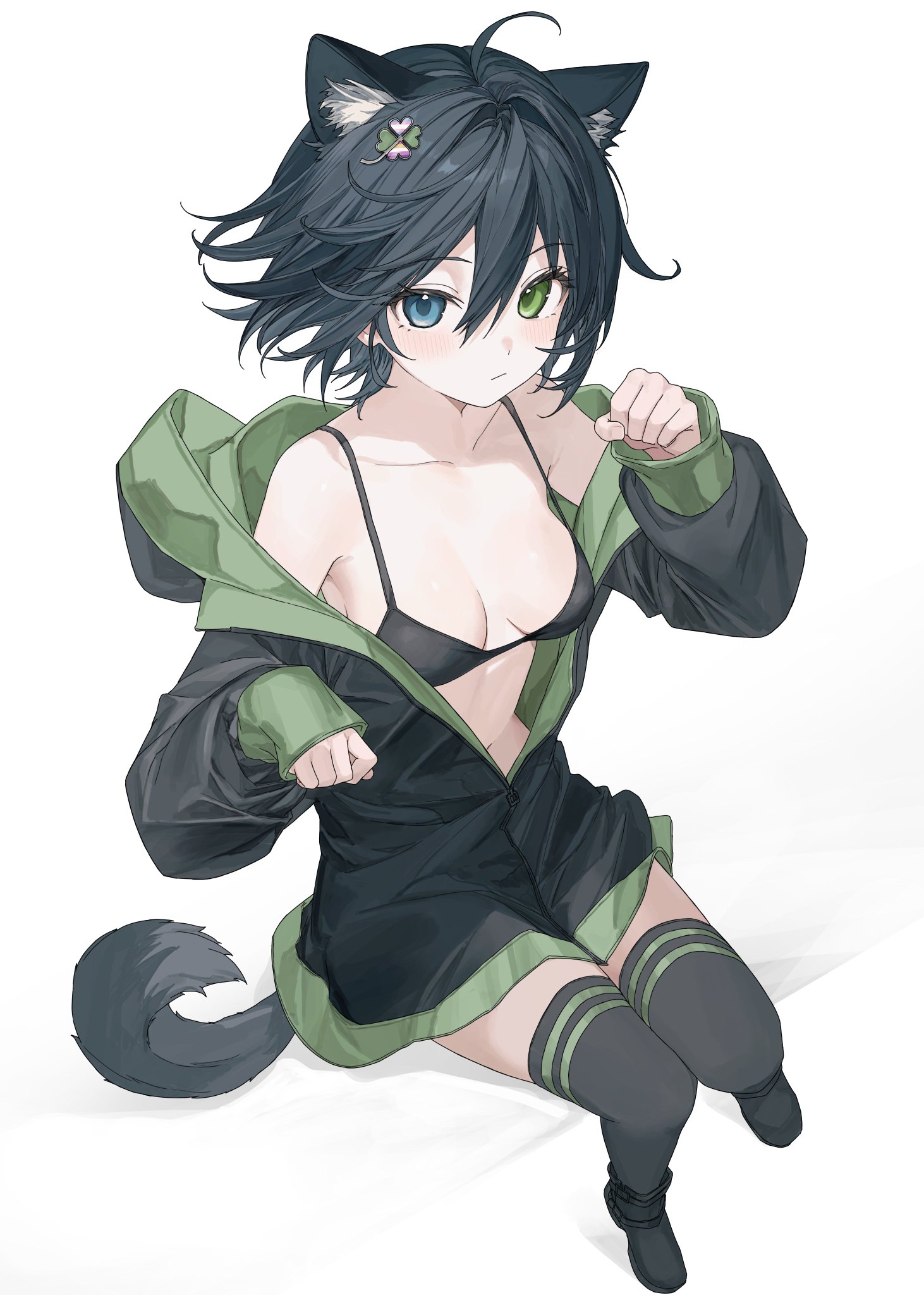 karyln, original, commentary, commission, highres, 1girl, animal ear fluff, animal ears, bare shoulders, bikini, black bikini, black jacket, black shoes, black thighhighs, blue eyes, blush, breasts, cat ears, cat girl, cat tail, closed mouth, clover hair ornament, collarbone, double-parted bangs, four-leaf clover hair ornament, full body, green eyes, hair between eyes, hair ornament, hands up, heterochromia, jacket, long sleeves, medium breasts, open clothes, open jacket, paw pose, shoes, simple background, sitting, solo, swimsuit, tail, thighhighs, white background