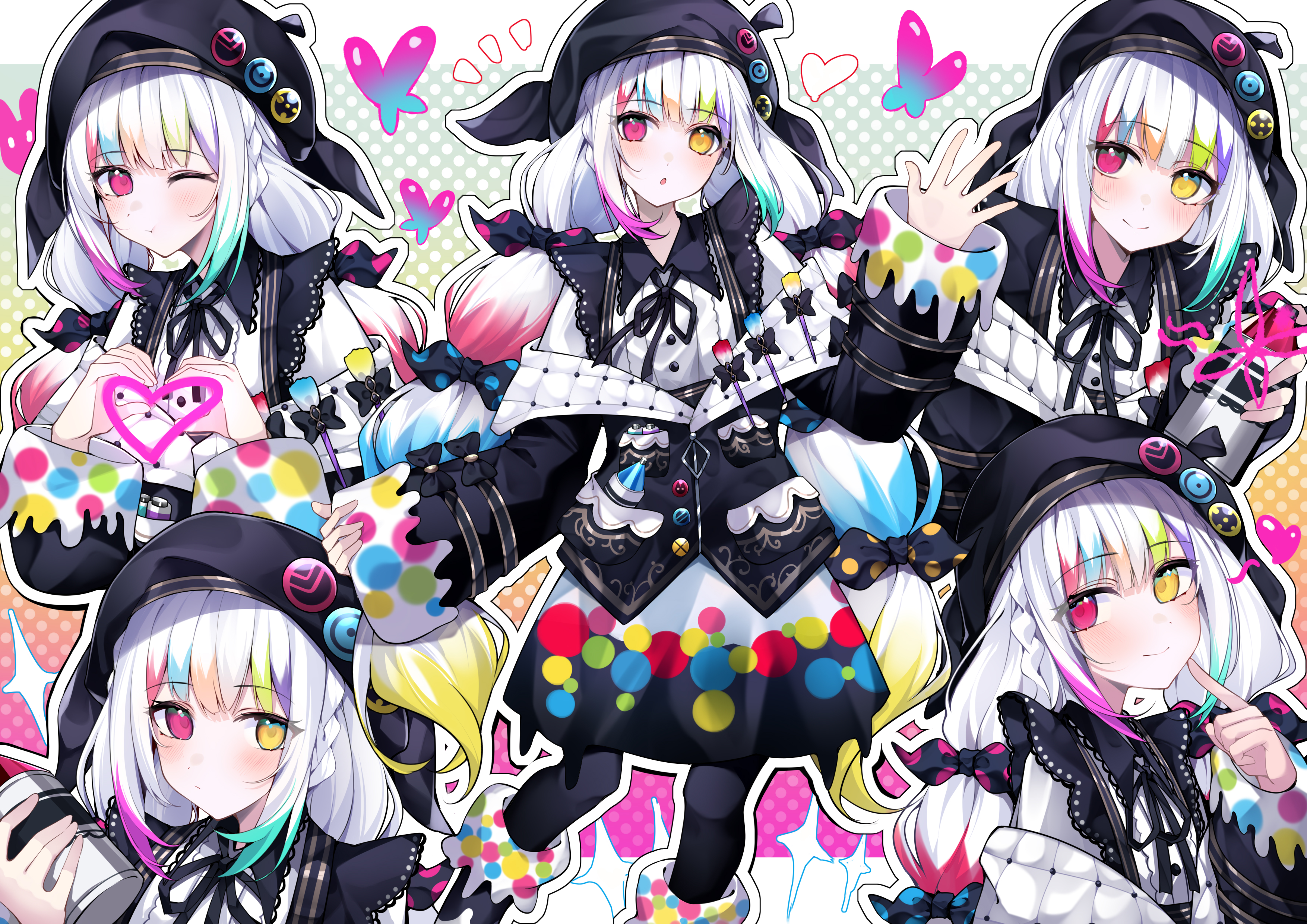 jogasaki noah, mahou shoujo no majo saiban, absurdres, highres, 1girl, artist painter, beret, black boots, black jacket, black pantyhose, black ribbon, black skirt, blunt bangs, boots, bow, closed mouth, collared shirt, feet out of frame, finger to cheek, hands up, hat, heart, heart hands, heart in heart hands, heterochromia, holding, holding spray can, jacket, long hair, long sleeves, looking at viewer, multi-tied hair, multicolored hair, multiple views, neck ribbon, one eye closed, outline, paintbrush, pantyhose, pink eyes, polka dot, polka dot bow, ribbon, shirt, shuimu jintian milule ma, skirt, smile, spray can, streaked hair, upper body, white hair, white outline, white shirt, yellow eyes