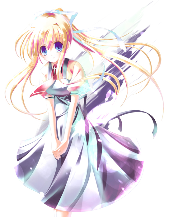 kine-c, kamio misuzu, air (visual novel), non-web source, 00s, 1girl, blonde hair, blue eyes, feathers, female focus, leaning forward, long hair, ponytail, school uniform, smile, solo, white background, wings
