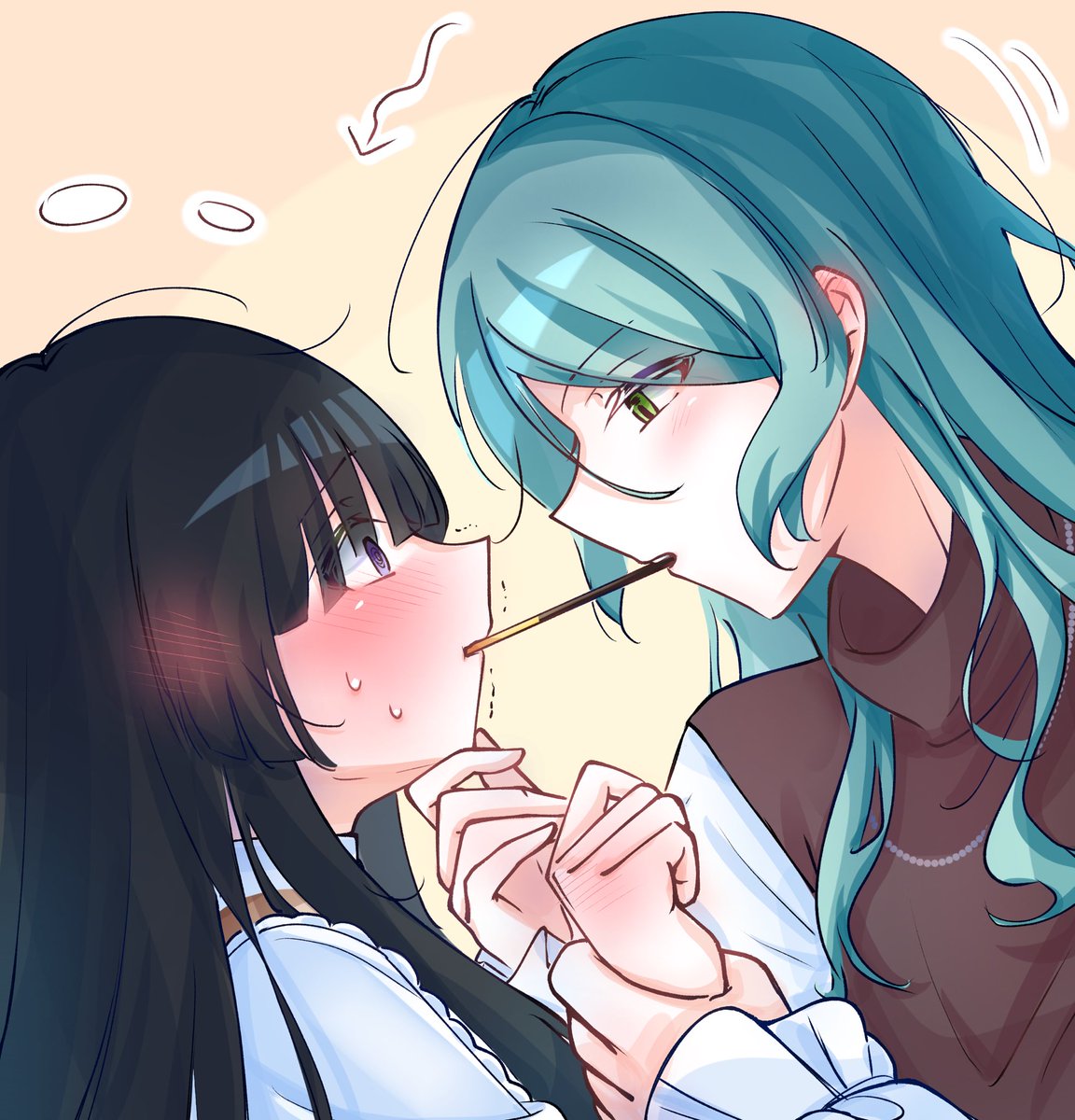 zevi (zevi ii), hikawa sayo, shirokane rinko, bang dream!, highres, non-web source, 2girls, @ @, aqua hair, black hair, blush, brown collar, brown shirt, collar, ear blush, eye contact, food, green eyes, hand blush, holding another's chin, holding hands, long hair, long sleeves, looking at another, multiple girls, pocky, purple eyes, shirt, white sleeves