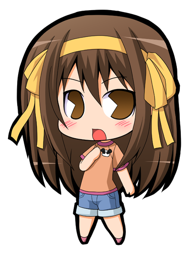suntail, suzumiya haruhi, suzumiya haruhi (young), suzumiya haruhi no yuuutsu, lowres, 00s, 1girl, aged down, brown eyes, brown hair, casual, chibi, denim, denim shorts, female focus, hairband, long hair, orange shirt, pac-man eyes, shirt, shorts, solo