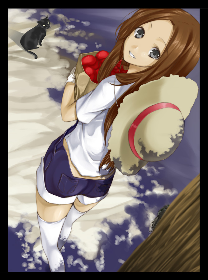 unowen, original, bad id, bad pixiv id, bag, brown hair, cat, food, fruit, grey eyes, hat, solo, thighhighs, white thighhighs