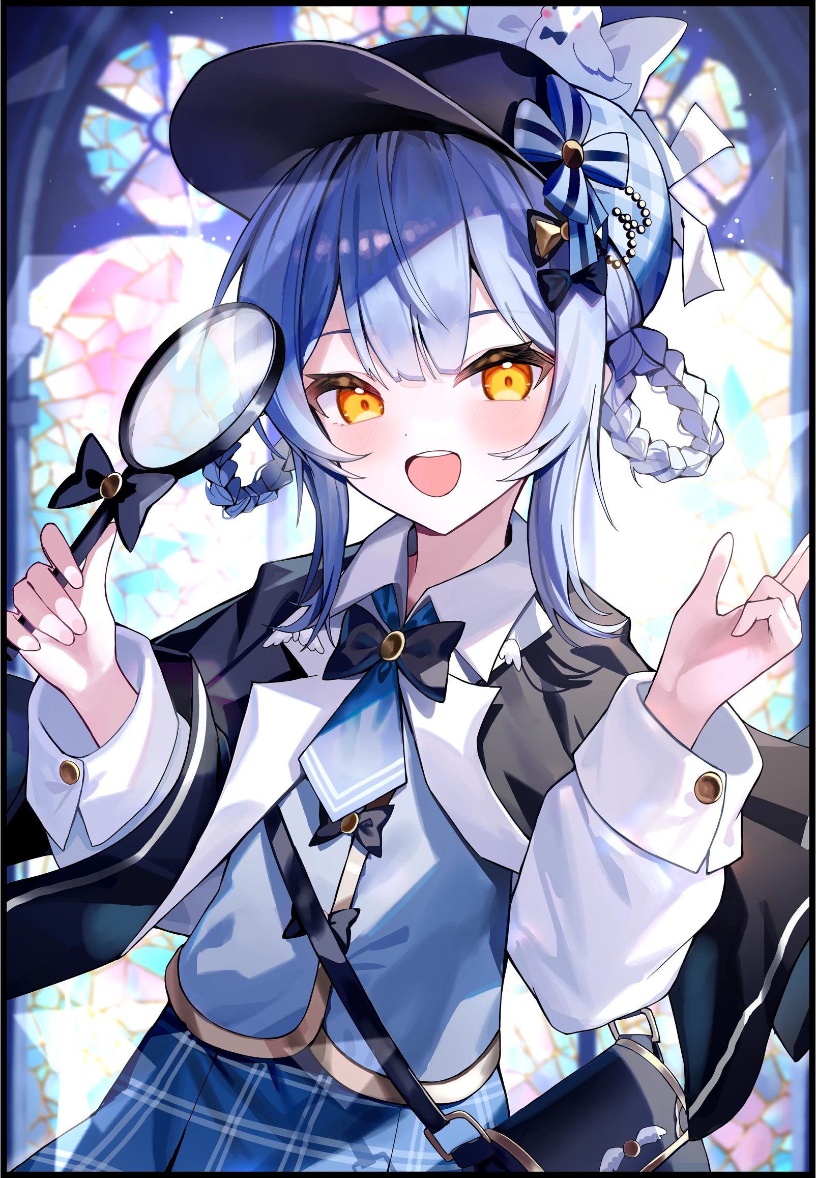 luo shu, tachibana sherry, mahou shoujo no majo saiban, highres, 1girl, :d, black bag, black bow, black capelet, black hat, blue hair, blue neckerchief, blue skirt, bow, braid, braided hair rings, capelet, collared shirt, cowboy shot, deerstalker, detective, grey vest, hair rings, hands up, hat, holding, holding magnifying glass, long sleeves, looking at viewer, magnifying glass, neckerchief, open mouth, plaid clothes, plaid skirt, shirt, short hair, skirt, smile, solo, stained glass, standing, vest, white shirt, yellow eyes