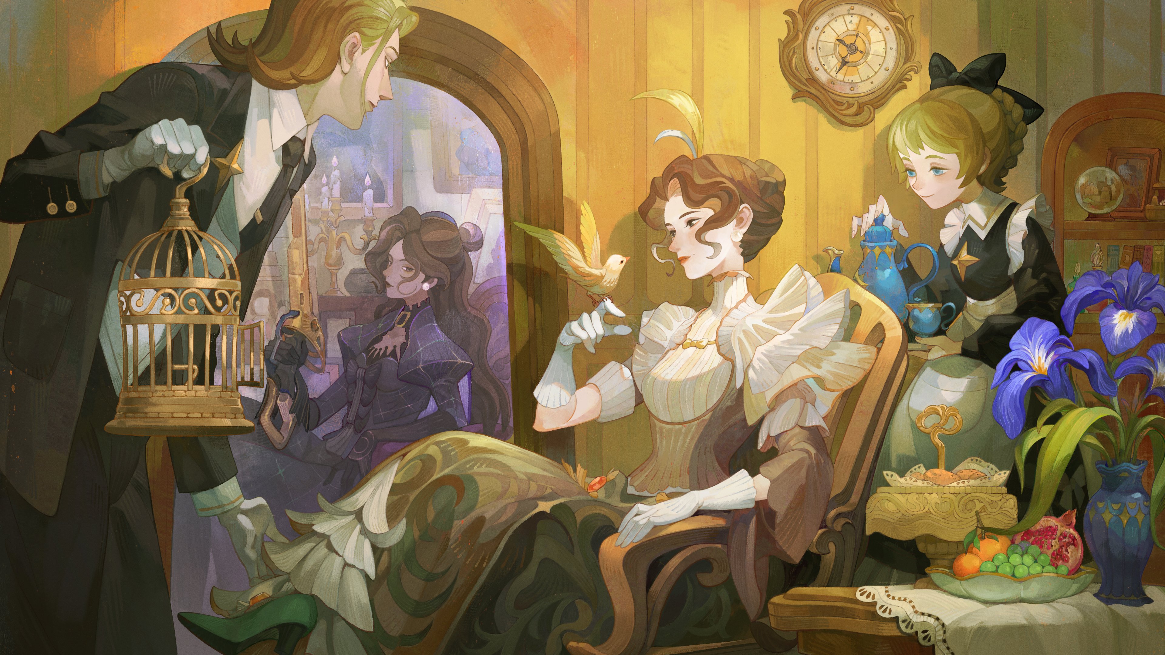 tjulywoods, vala (afk), afk (series), afk journey, absurdres, commentary, english commentary, flower request, highres, official art, 1boy, 2girls, analog clock, apron, basket, bird, bird on hand, birdcage, black bow, black dress, black gloves, black jacket, black necktie, black pants, blonde hair, blue bow, blue eyes, blue pants, blue shirt, bodice, book, bookshelf, bow, braid, braided hair rings, bread, brown eyes, brown hair, butler, cage, candelabra, candle, candlestand, chair, clock, closed mouth, collared dress, collared shirt, crossed legs, cup, different reflection, dress, earrings, flower, food, frilled sleeves, frills, fruit, gloves, grapes, green shoes, gun, hair bow, hair bun, hair ornament, hair rings, hand up, high heels, holding, holding cage, holding gun, holding tray, holding weapon, indoors, jacket, jewelry, juliet sleeves, lapels, lips, long hair, long sleeves, looking at viewer, looking to the side, maid, maid apron, mandarin orange, mirror, mole, mole above mouth, multiple girls, necktie, on chair, open clothes, open jacket, open shirt, pants, parted hair, pearl earrings, picture frame, pomegranate, puffy sleeves, purple flower, reflection, shirt, shoes, short hair, short sleeves, single side bun, sitting, smile, snow globe, standing, striped clothes, striped dress, table, tablecloth, teacup, teapot, tie clip, tray, turtleneck, turtleneck dress, vase, vertical-striped clothes, vertical-striped dress, wall clock, weapon, white apron, white gloves, white shirt, wide sleeves, yellow dress