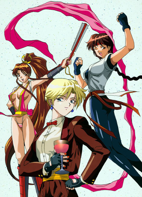 king (snk), shiranui mai, yuri sakazaki, fatal fury, snk, the king of fighters, 3girls, kicking, multiple girls