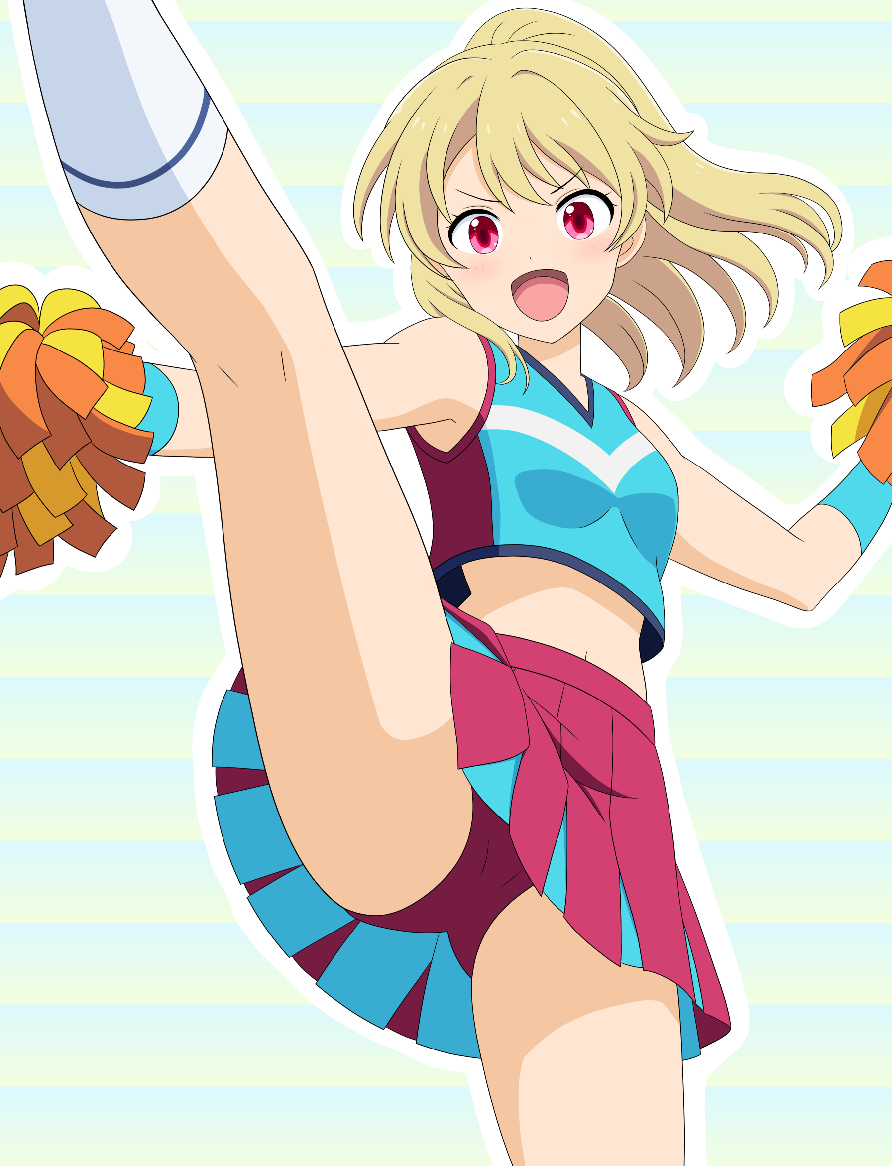 take zenni chikuzenni, original, commentary, highres, 1girl, :d, abstract background, blonde hair, breasts, cheering, cheerleader, crop top, cropped shirt, dot nose, high kick, high ponytail, holding, holding pom poms, kicking, leg up, medium hair, miniskirt, multicolored shirt, navel, open mouth, outline, outstretched arms, panties, pantyshot, pleated skirt, pom pom (cheerleading), pom poms, ponytail, red eyes, red panties, red skirt, shirt, skirt, sleeveless, sleeveless shirt, small breasts, smile, socks, solo, spread arms, spread legs, standing, two-tone skirt, underwear, v-shaped eyebrows, white outline, white socks