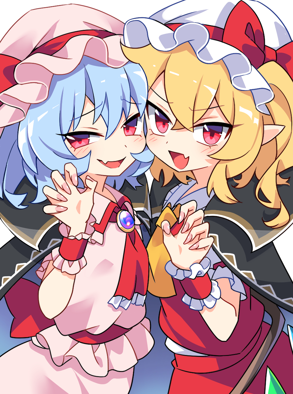 e.o., flandre scarlet, remilia scarlet, touhou, commentary request, highres, 2girls, ascot, blonde hair, blouse, blue hair, cheek-to-cheek, fang, fingernails, hat, heads together, looking at viewer, mob cap, multiple girls, open mouth, pointy ears, red ascot, red eyes, sharp fingernails, shirt, siblings, side-by-side, simple background, sisters, skin fang, smile, v-shaped eyebrows, white background, wrist cuffs, yellow ascot