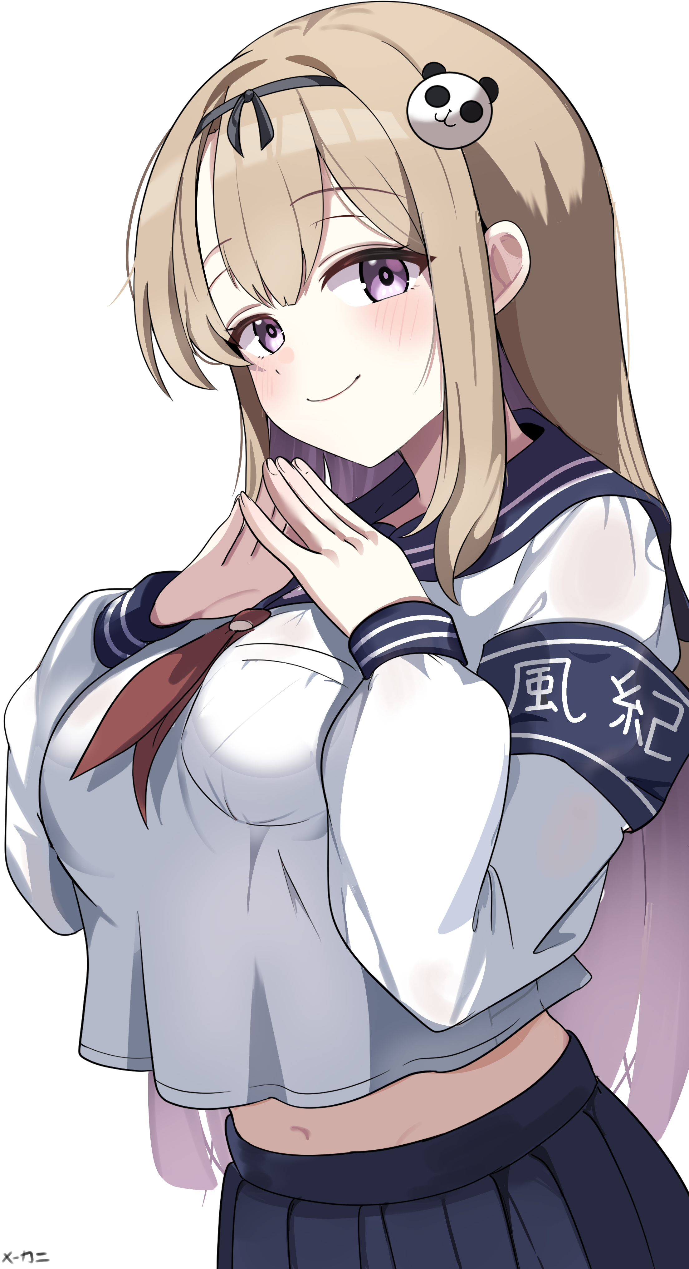 saabyboi, haru (chaos zero nightmare), chaos zero nightmare, absurdres, highres, 1girl, armband, black hairband, blonde hair, blue eyes, blue sailor collar, blue skirt, blush, breasts, crop top, crop top overhang, hair ornament, hairband, large breasts, long hair, long sleeves, looking at viewer, midriff, navel, neckerchief, panda hair ornament, pleated skirt, red neckerchief, sailor collar, school uniform, serafuku, skirt, smile, steepled fingers
