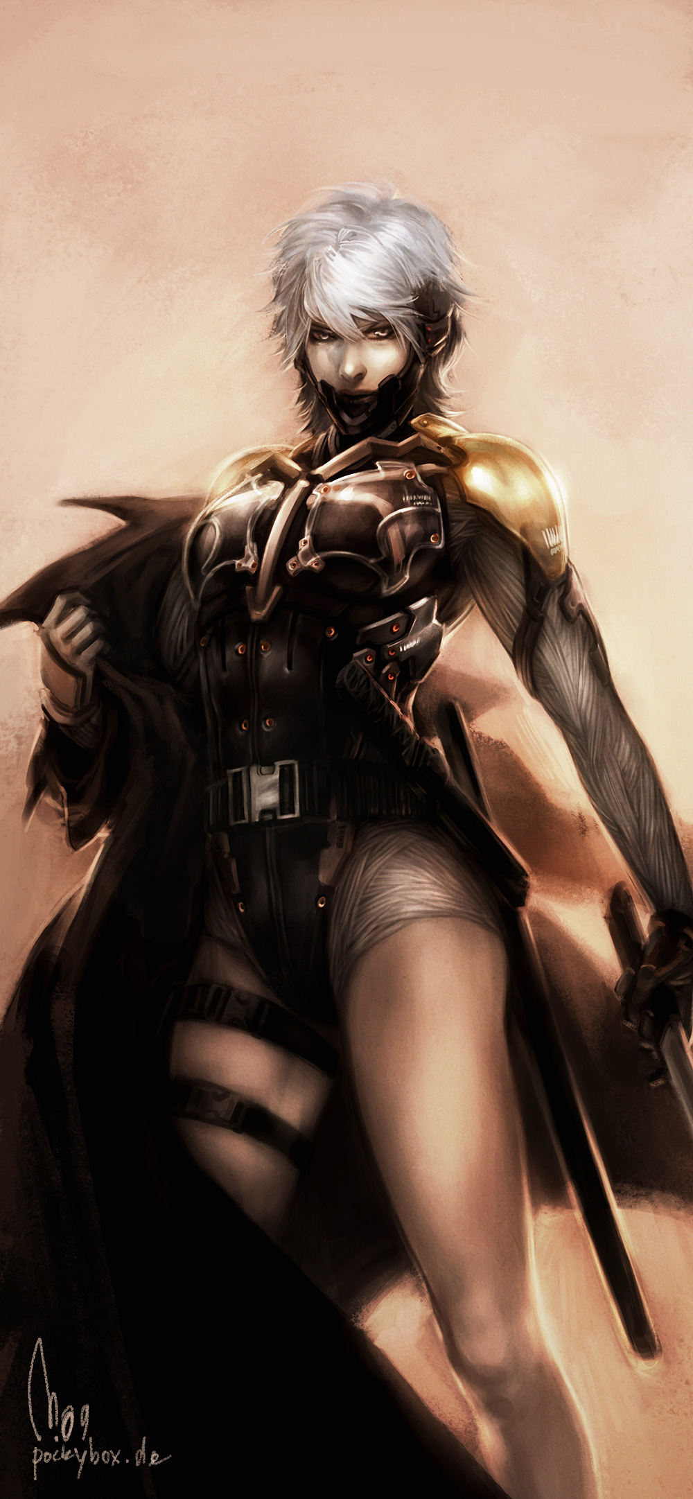 rennerei, raiden (metal gear), konami, metal gear (series), metal gear solid 4: guns of the patriots, highres, 1girl, breasts, coat, cyborg, female focus, genderswap, genderswap (mtf), grey hair, helmet, medium breasts, ninja, short hair, solo, sword, trench coat, undressing, weapon