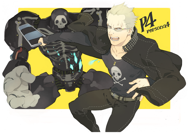 akusyu, take-mikazuchi, tatsumi kanji, atlus, persona, persona 4, bad id, bad pixiv id, belt, bullet, chair, folding chair, male focus, scar, school uniform, skull, solo, sunglasses