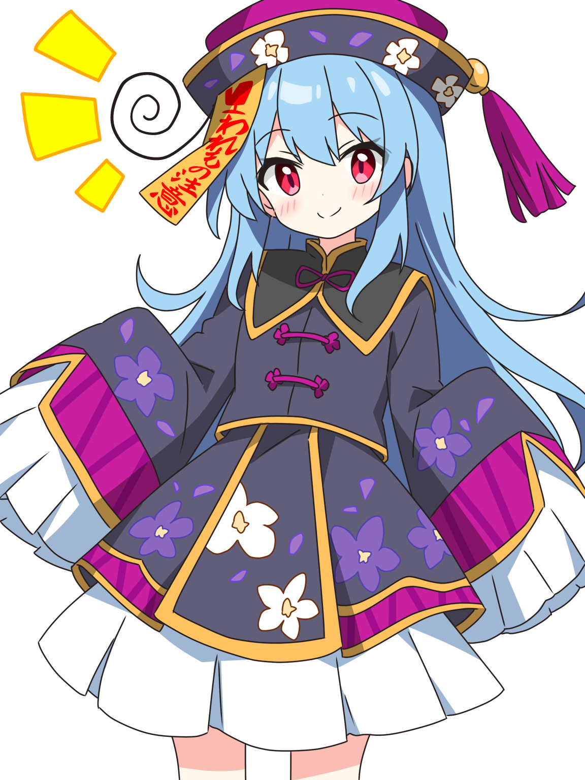 kotatsu-mazoku, original, commentary, highres, 1girl, black dress, blue hair, blush, closed mouth, cowboy shot, dot nose, dress, frilled dress, frilled sleeves, frills, hat, jiangshi, long hair, long sleeves, looking at viewer, notice lines, ofuda, ofuda on head, pink hat, red eyes, simple background, sleeves past fingers, sleeves past wrists, smile, solo, white background