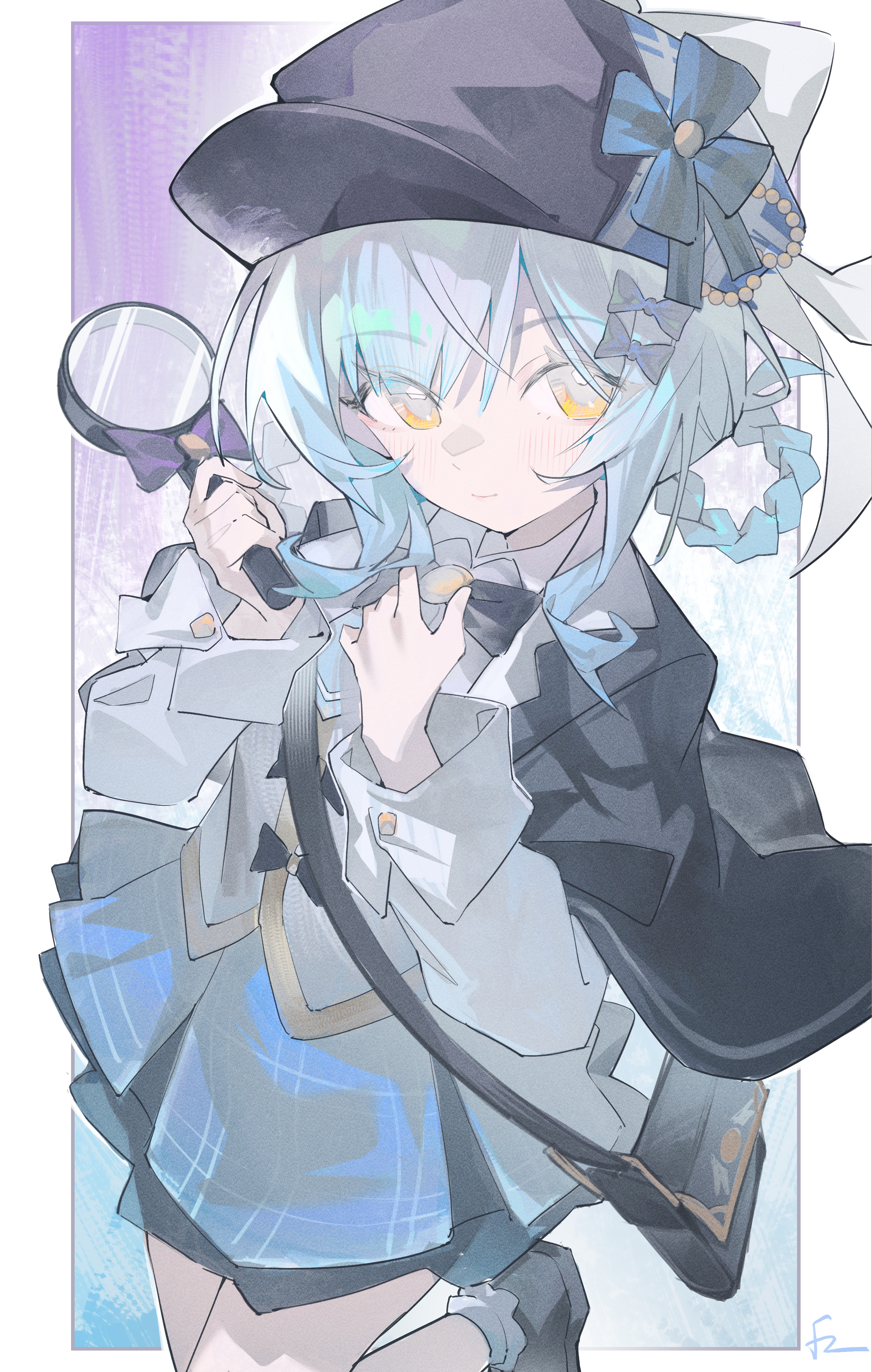 xinrouyu, tachibana sherry, mahou shoujo no majo saiban, absurdres, highres, 1girl, black bow, black capelet, black hat, black shoes, blue background, blue hair, blue skirt, border, bow, braid, braided hair rings, capelet, closed mouth, collared shirt, deerstalker, grey vest, hair rings, hands up, hat, holding, holding magnifying glass, long sleeves, looking at viewer, magnifying glass, outside border, pleated skirt, shirt, shoes, short hair, skirt, solo, standing, standing on one leg, vest, white border, white shirt, yellow eyes