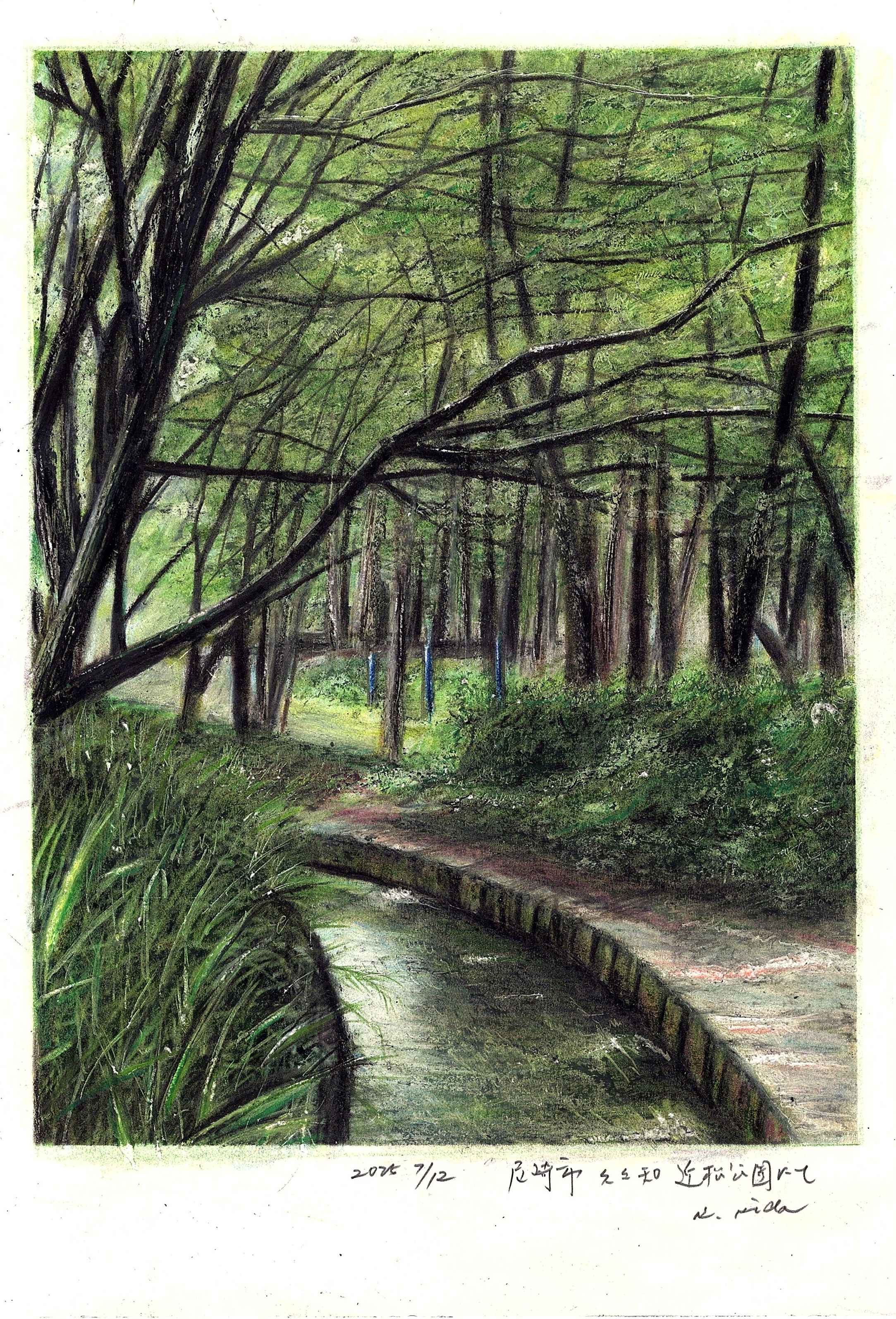 original, absurdres, colored pencil (medium), commentary request, highres, traditional media, translation request, baden hiroshi, border, dated, day, forest, grass, nature, no humans, outdoors, park, path, road, tree, white border