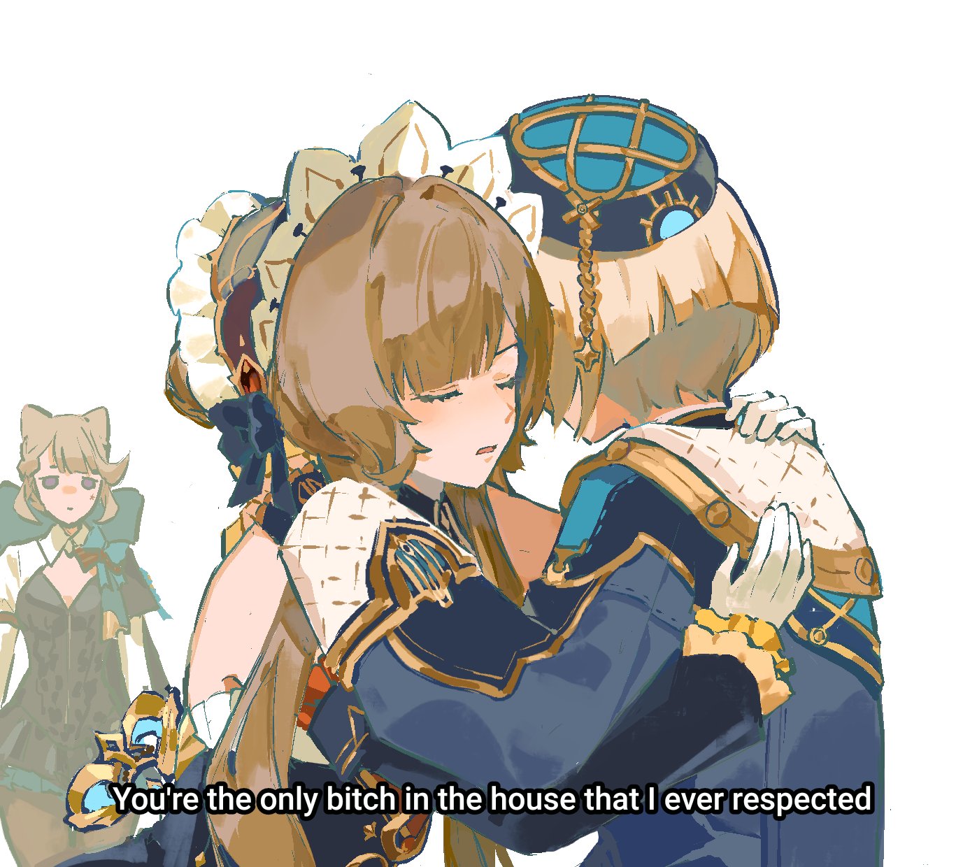 freminet (genshin impact), lynette (genshin impact), sandrone (genshin impact), genshin impact, commentary, english commentary, highres, 1boy, 2girls, animal ears, blonde hair, bow, brown hair, cat ears, closed mouth, detached sleeves, dress, english text, eyebrows hidden by hair, fingerless gloves, gloves, grey hair, hair bow, hand on another's back, hand on another's shoulder, hat, headdress, hug, jacket, leotard, long sleeves, looking at another, multiple girls, parted lips, poyo (luberryart), profanity, purple eyes, short hair, simple background